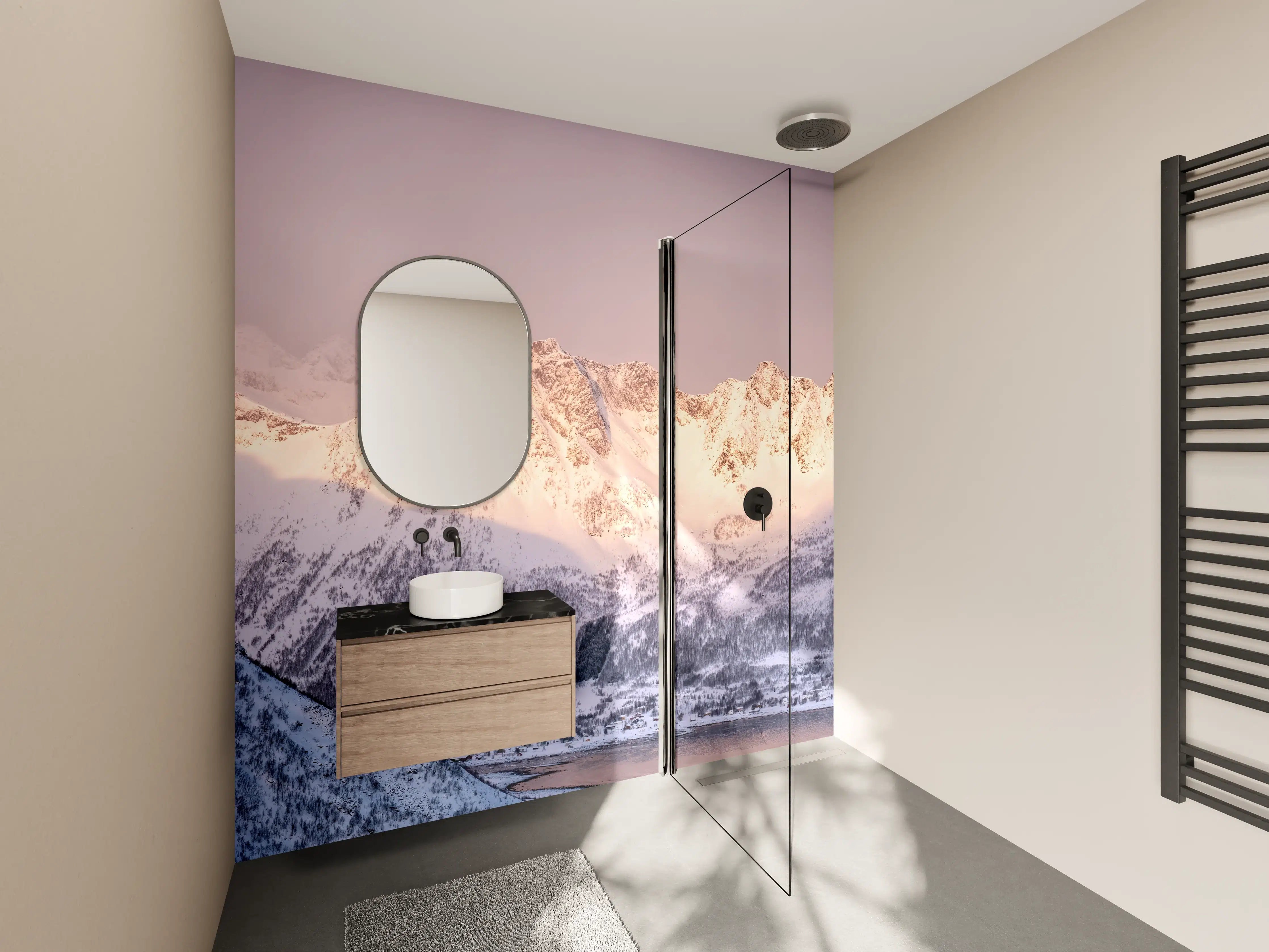 Wandverkleidung Bad - Weiß-Grau-Blau Bergpanorama Norwegen