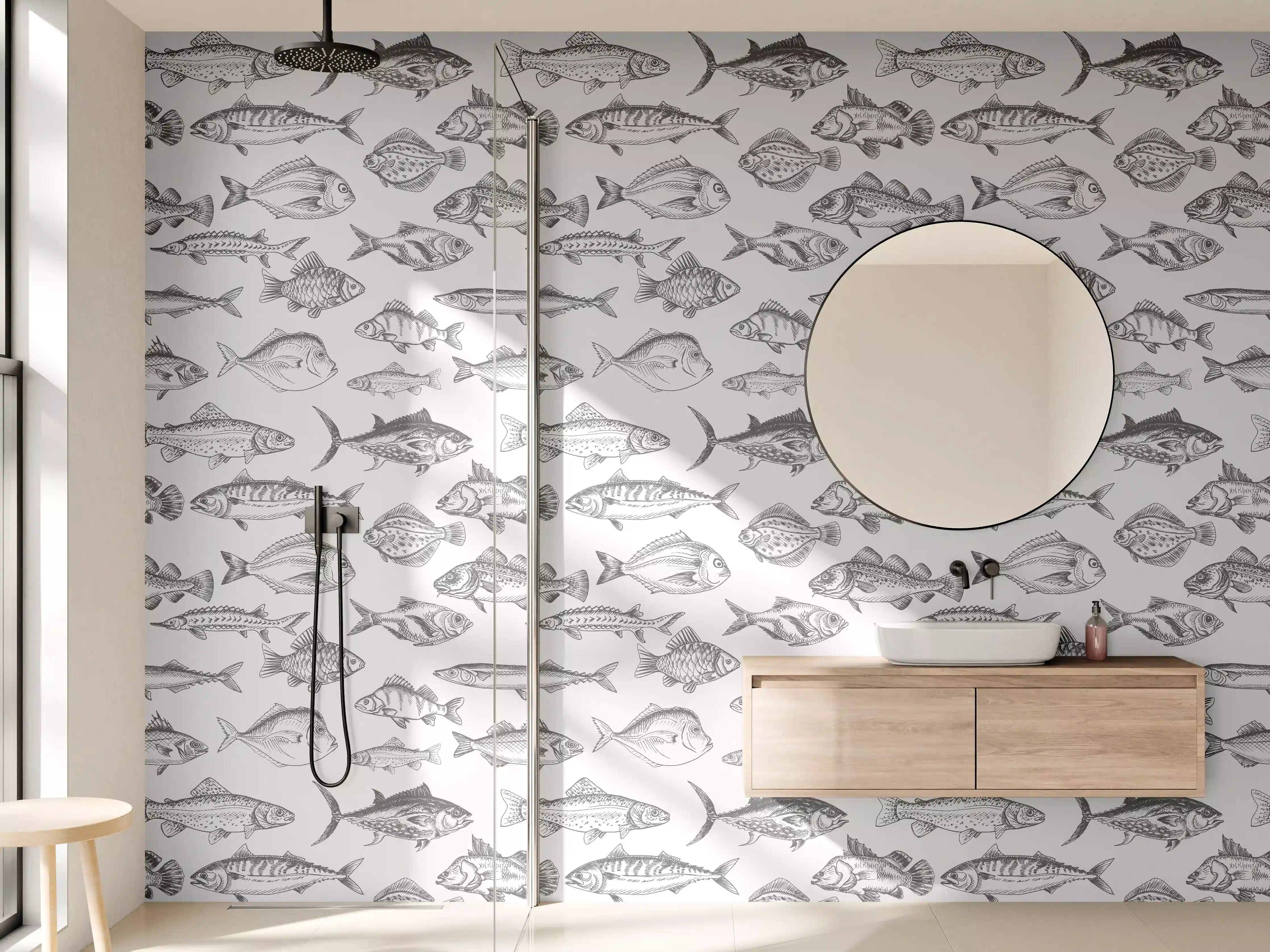 Wandverkleidung Bad - Weiß-Grau Fischmuster