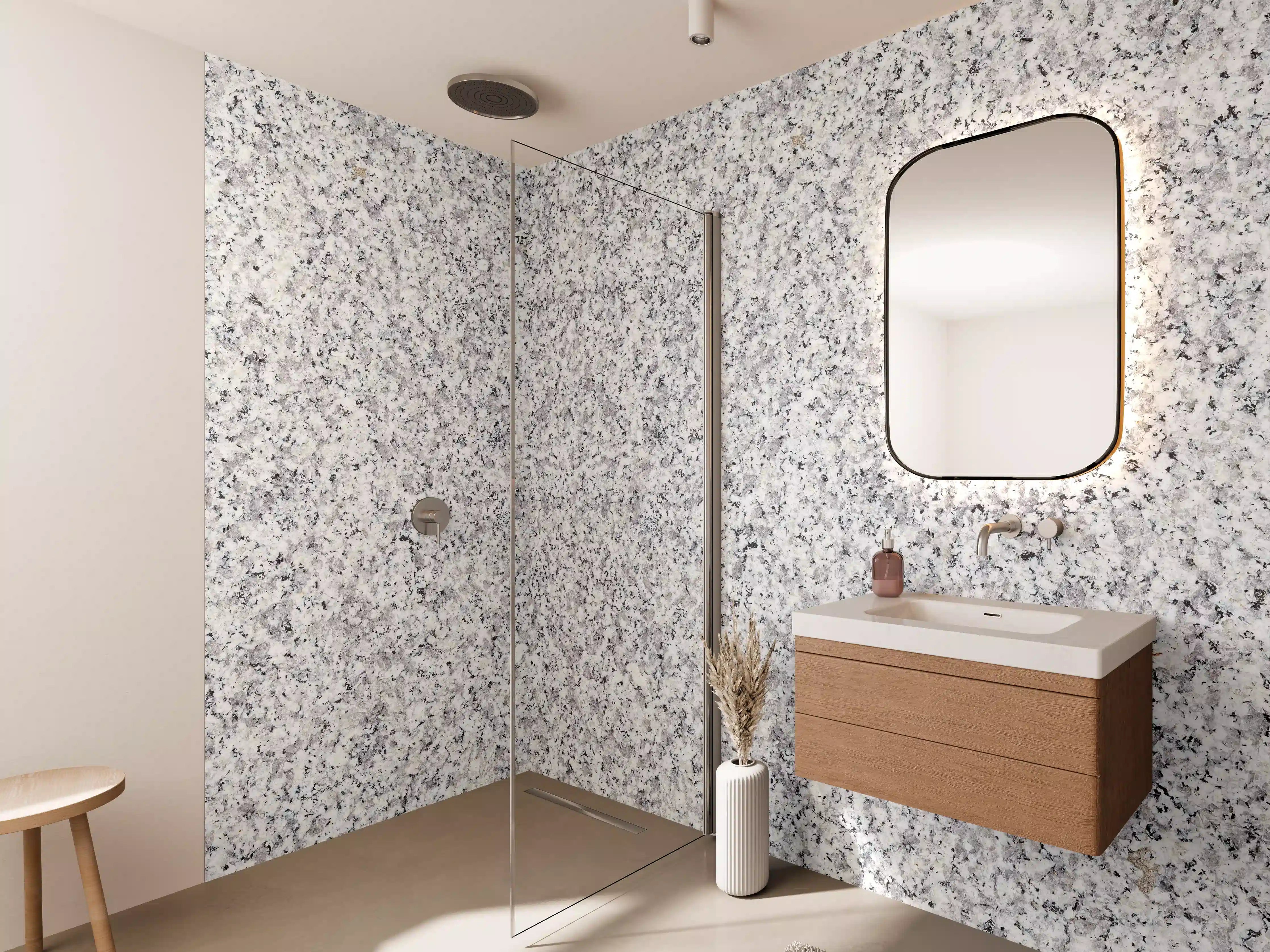 Wandverkleidung Bad - Weiß-Grau Terrazzo Bodentextur
