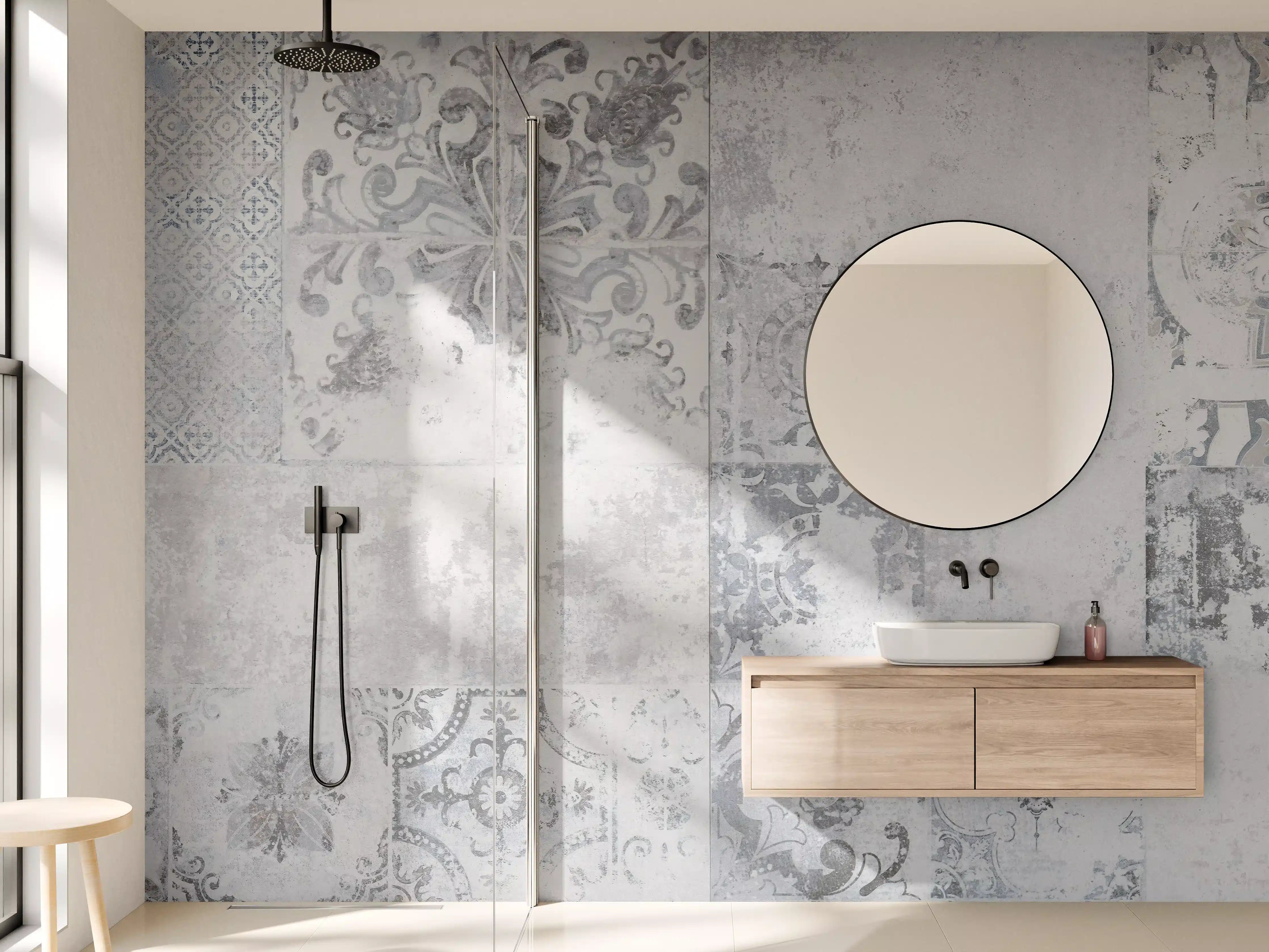 Wandverkleidung Bad - Weiß-Grau Vintage-Fliesen