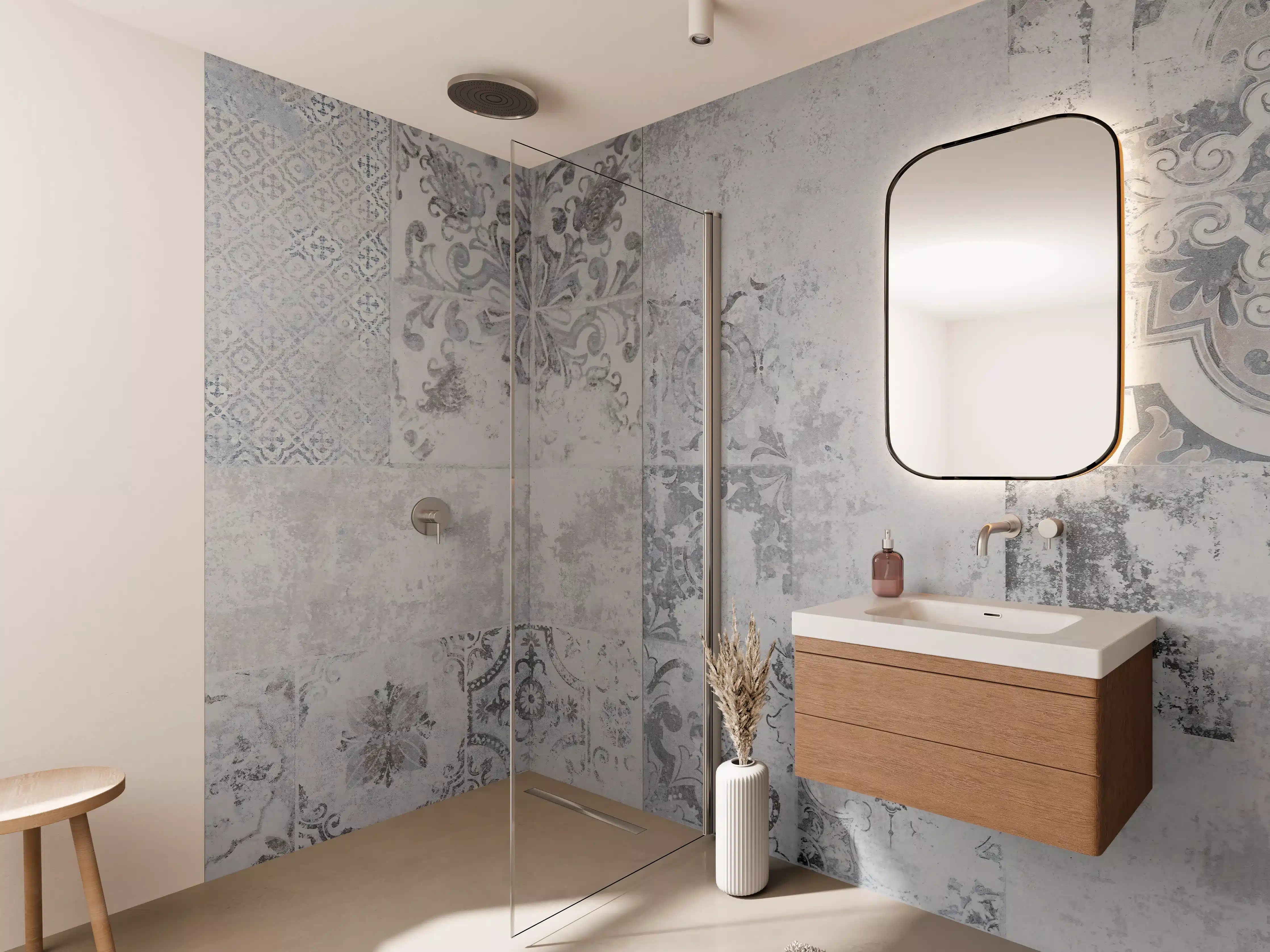 Wandverkleidung Bad - Weiß-Grau Vintage-Fliesen