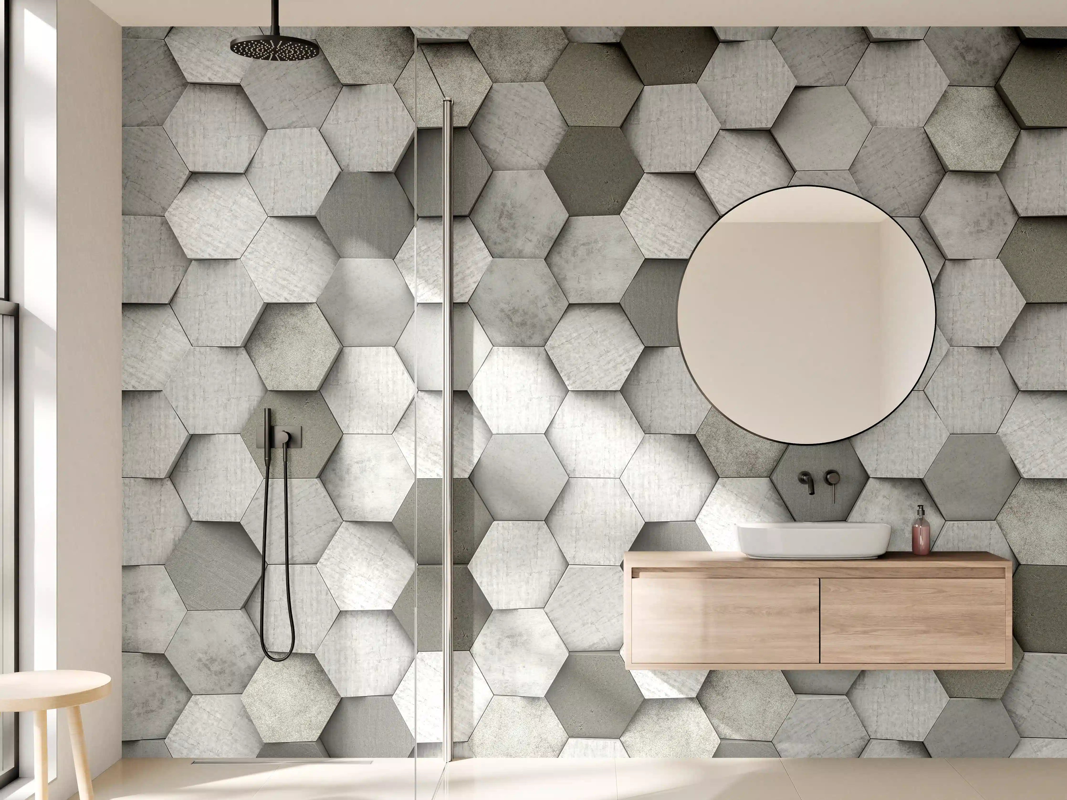Wandverkleidung Bad - Weiß-Graue Hexagon Struktur