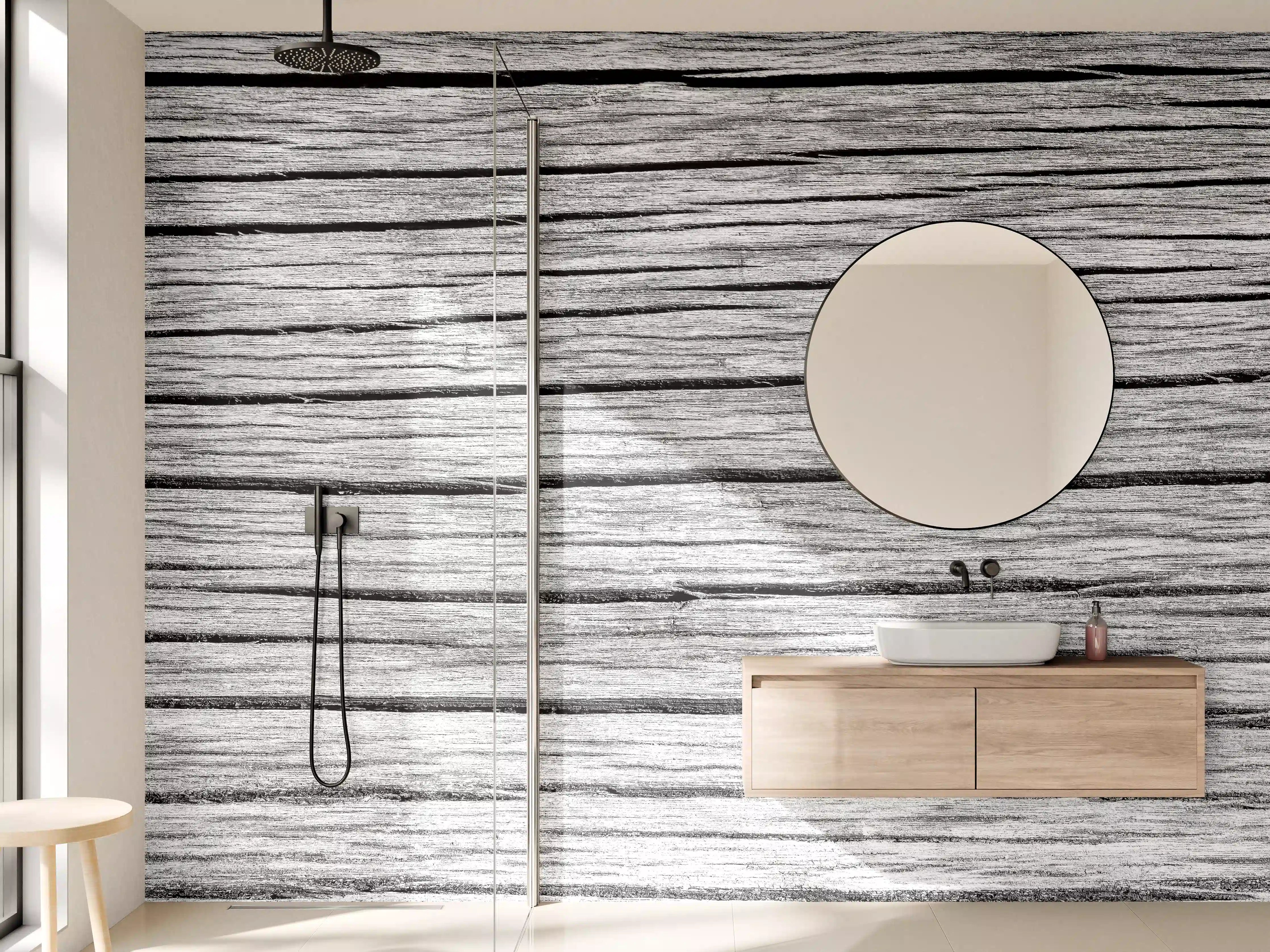 Wandverkleidung Bad - Weiß-Graue Holztextur Panorama