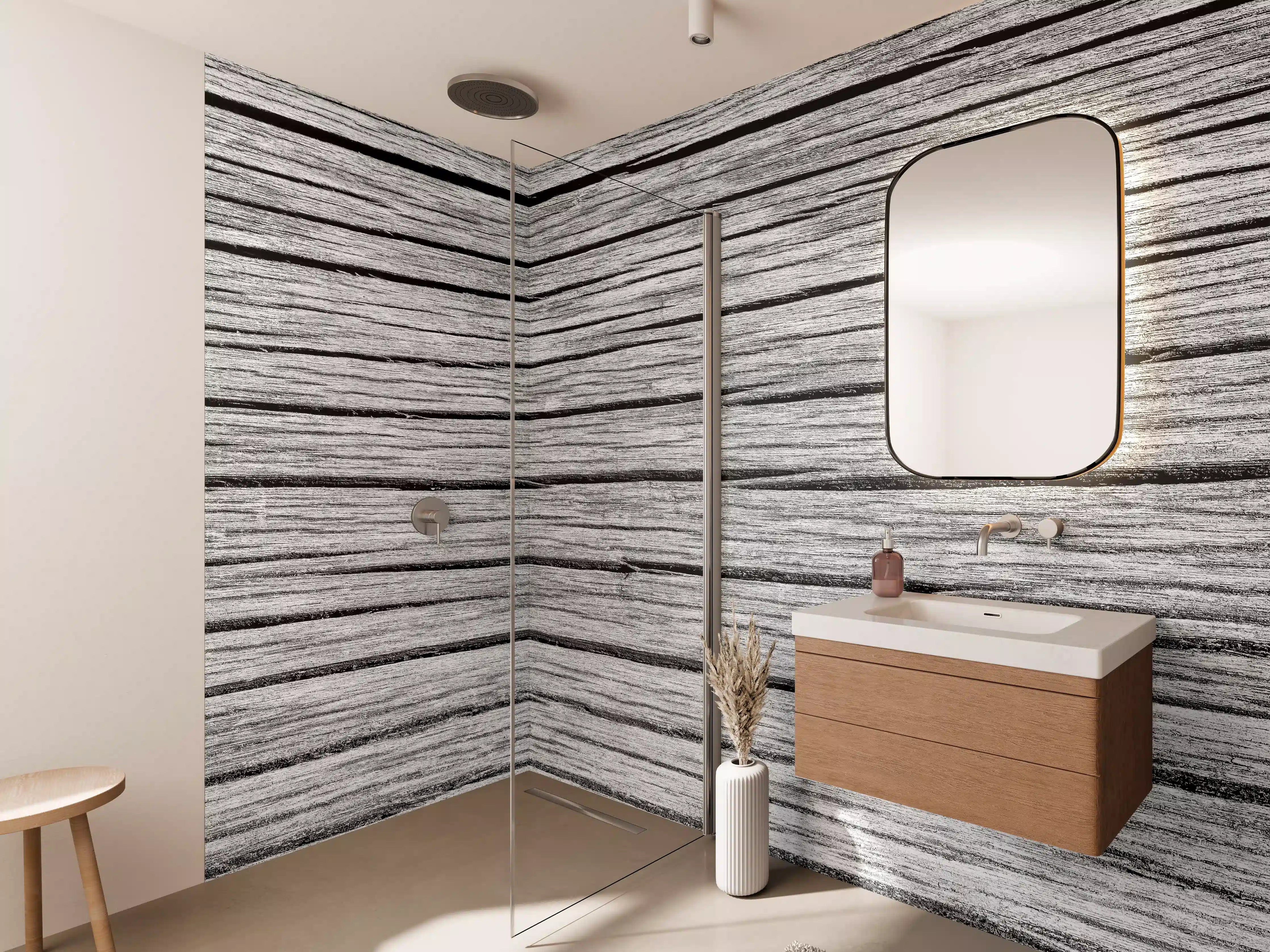 Wandverkleidung Bad - Weiß-Graue Holztextur Panorama