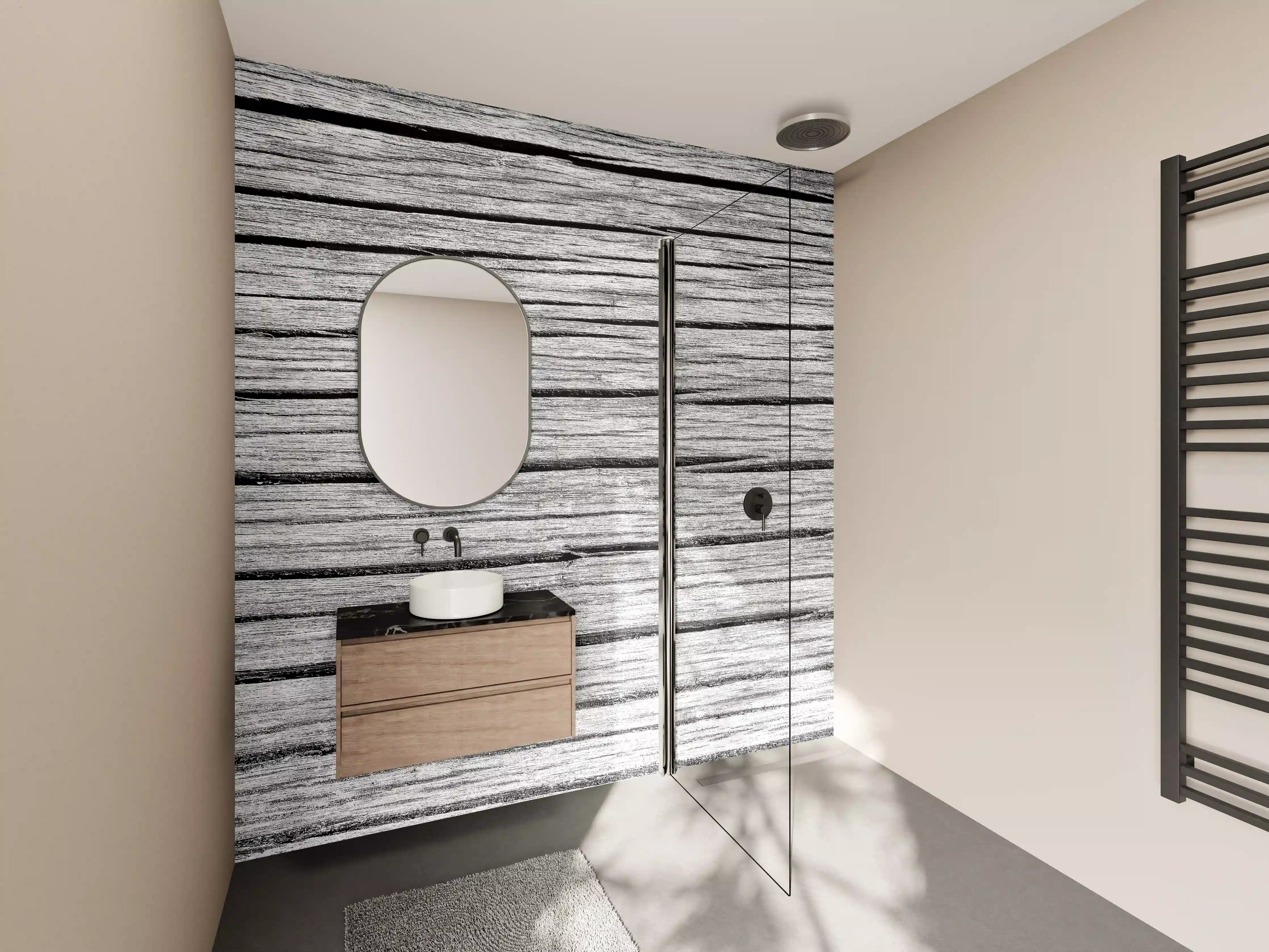 Wandverkleidung Bad - Weiß-Graue Holztextur Panorama