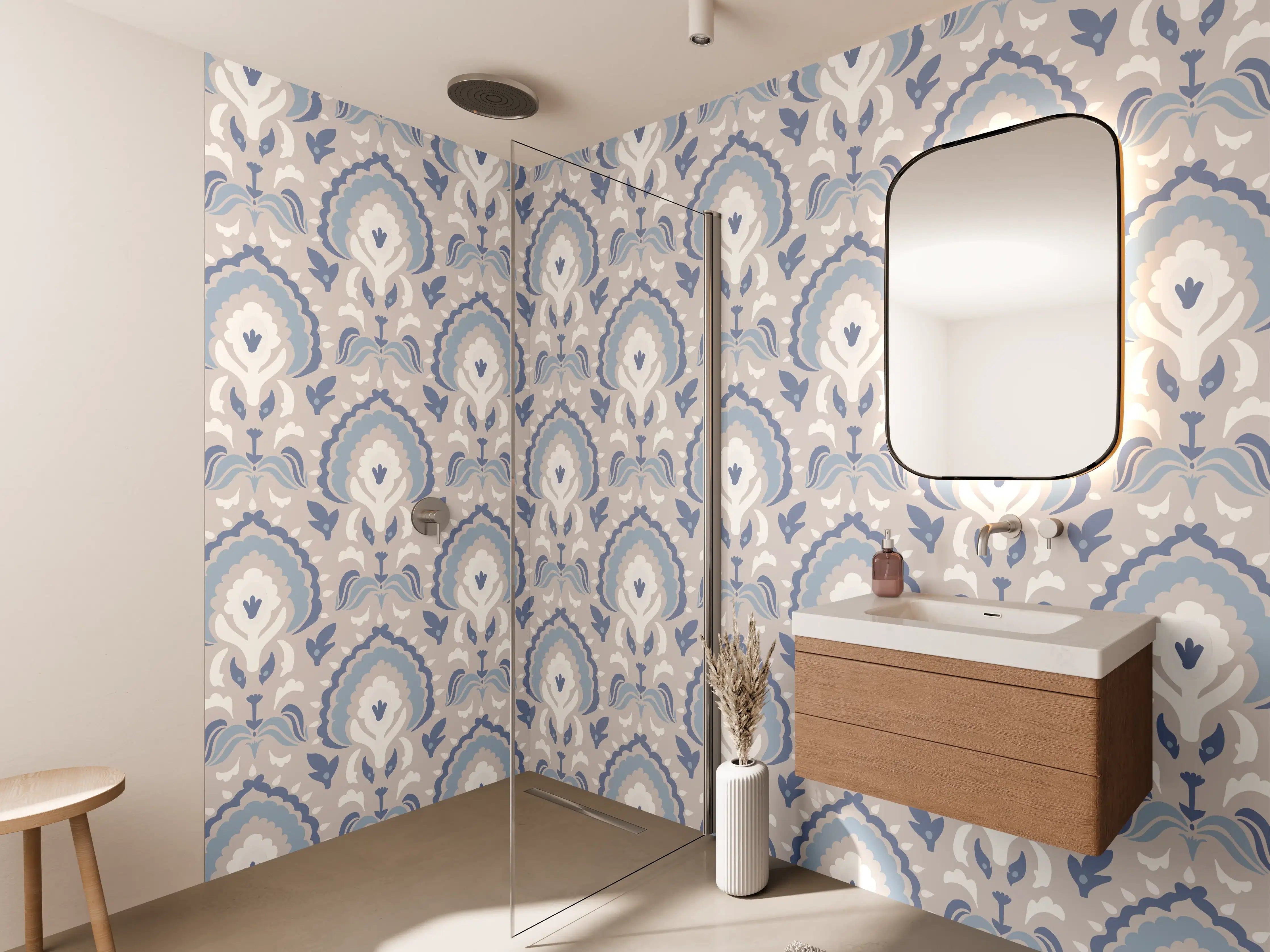 Wandverkleidung Bad - Weiß-Graues Damastmuster Seamless