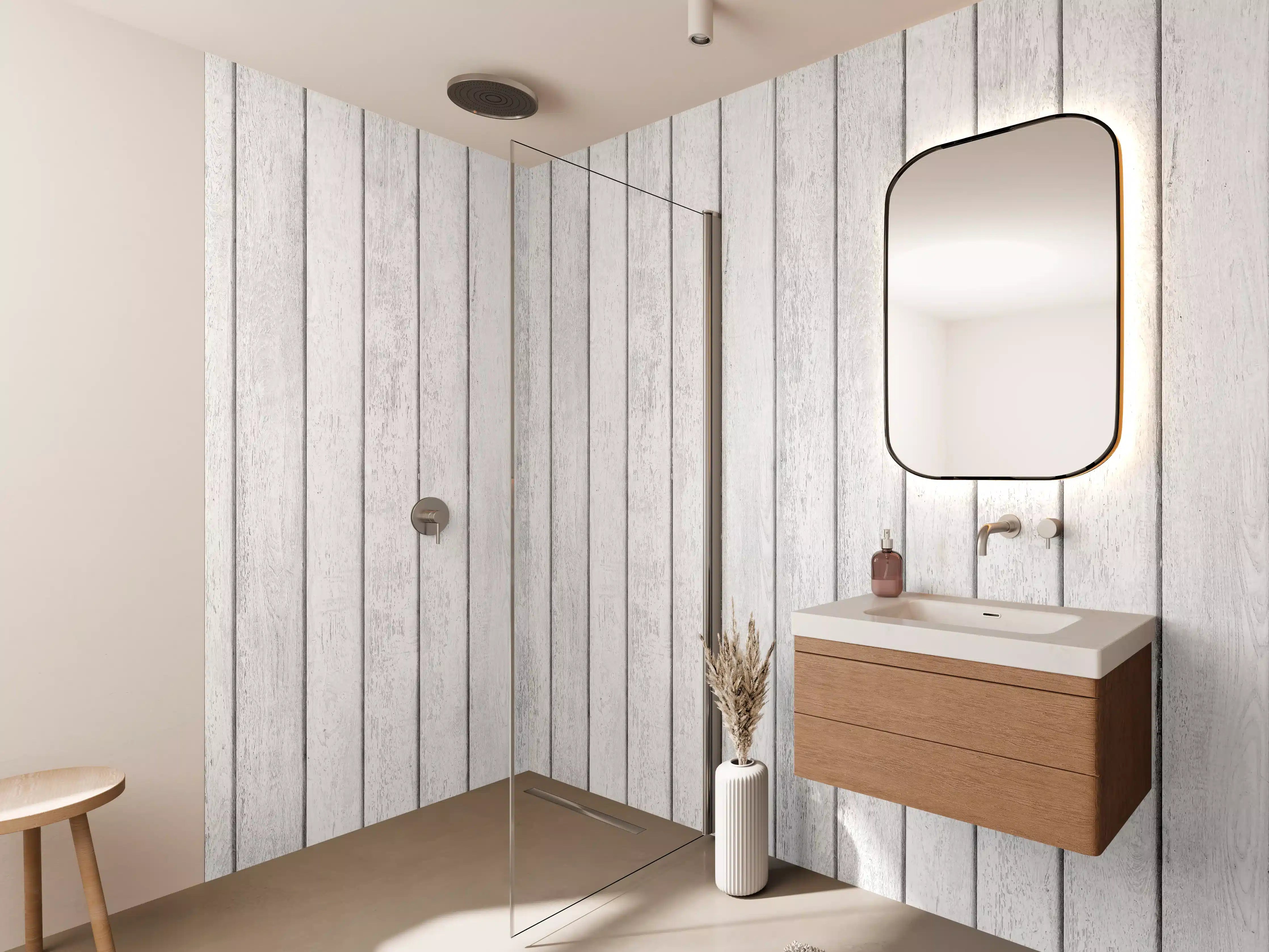 Wandverkleidung Bad - Weiß-graue Holzoptik in Längsrichtung