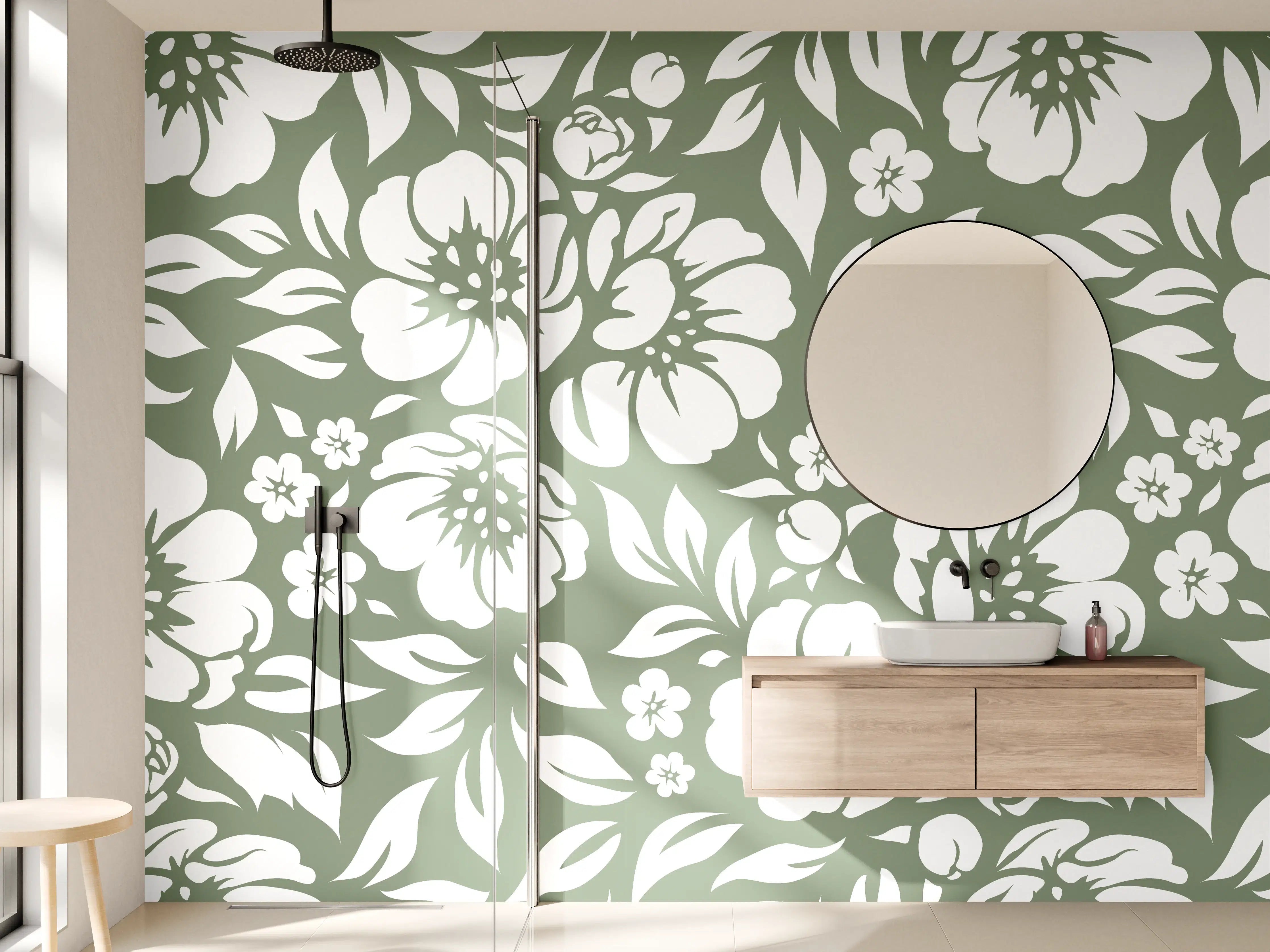 Wandverkleidung Bad - Weiß-grüne Blumendekoration