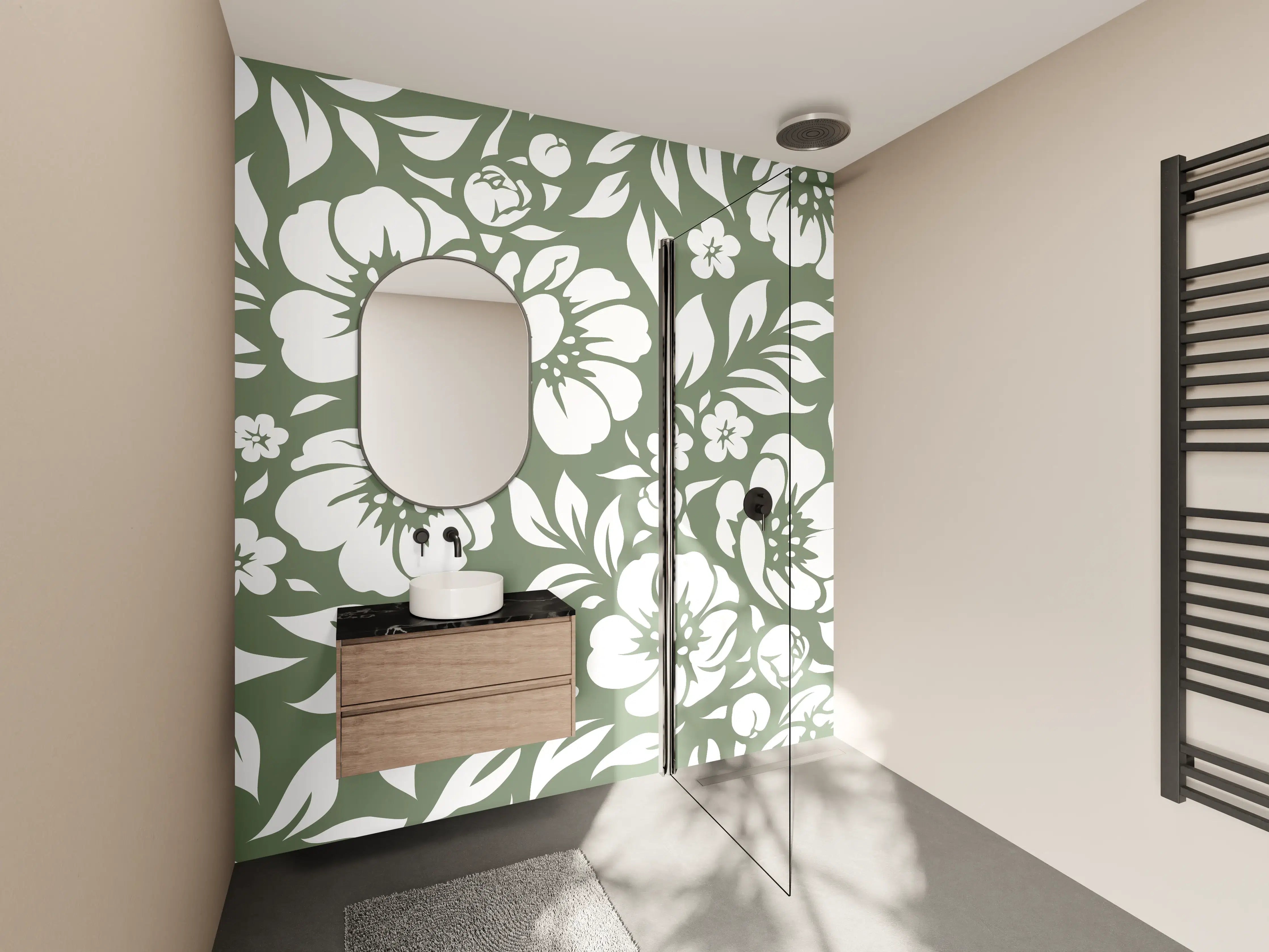 Wandverkleidung Bad - Weiß-grüne Blumendekoration