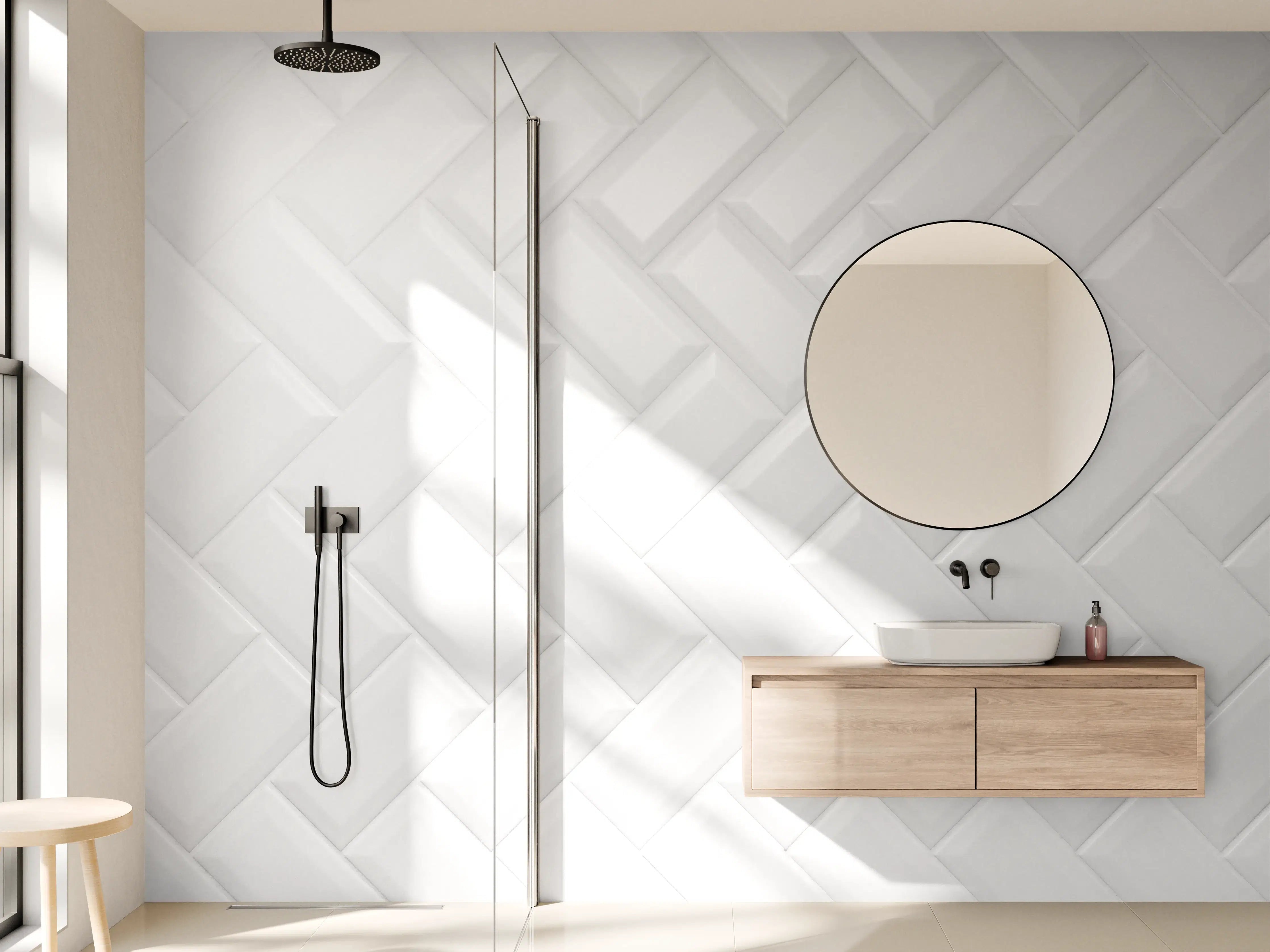 Wandverkleidung Bad - Weiß, gräuliche Keramikfliesen