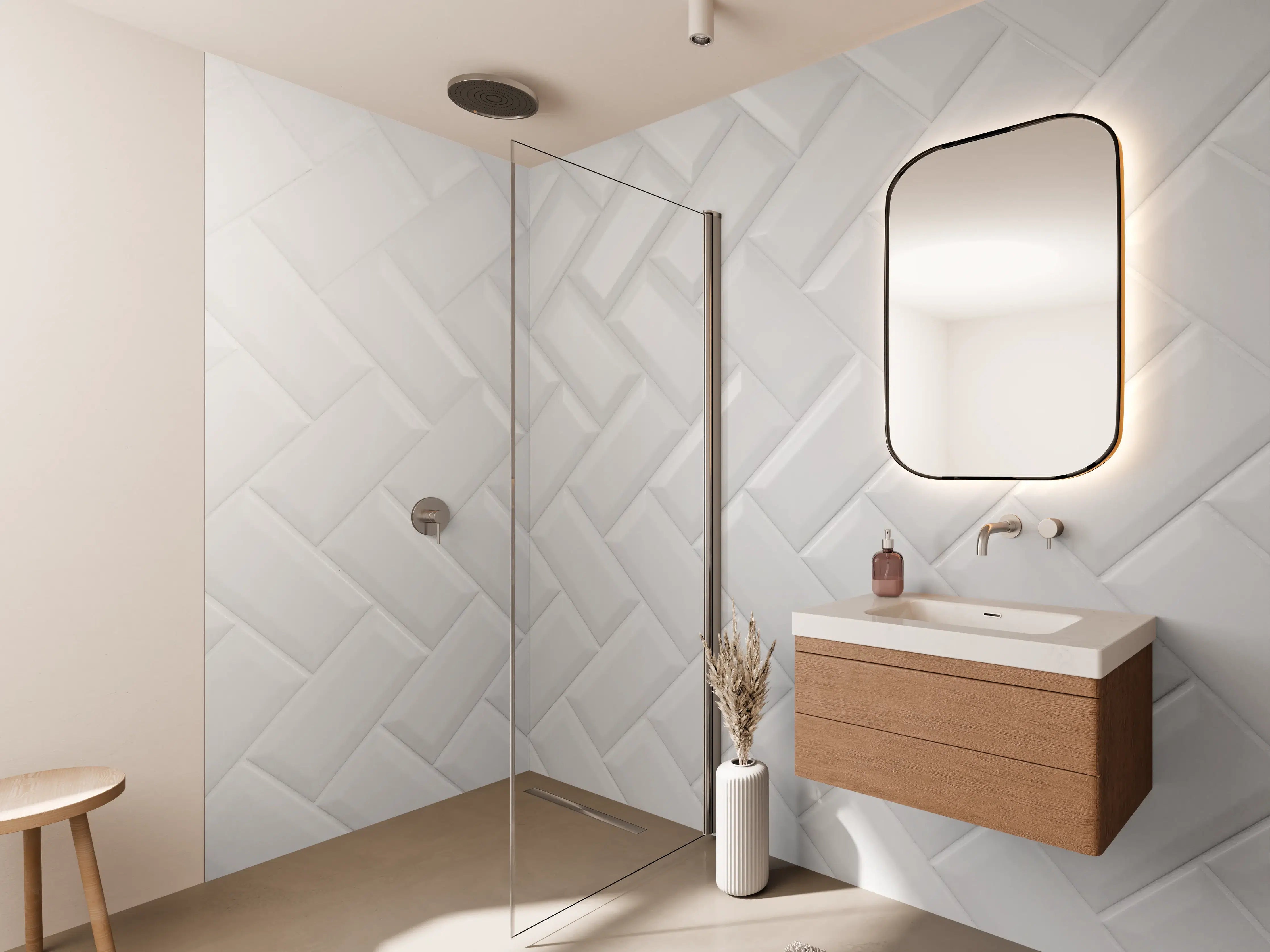 Wandverkleidung Bad - Weiß, gräuliche Keramikfliesen