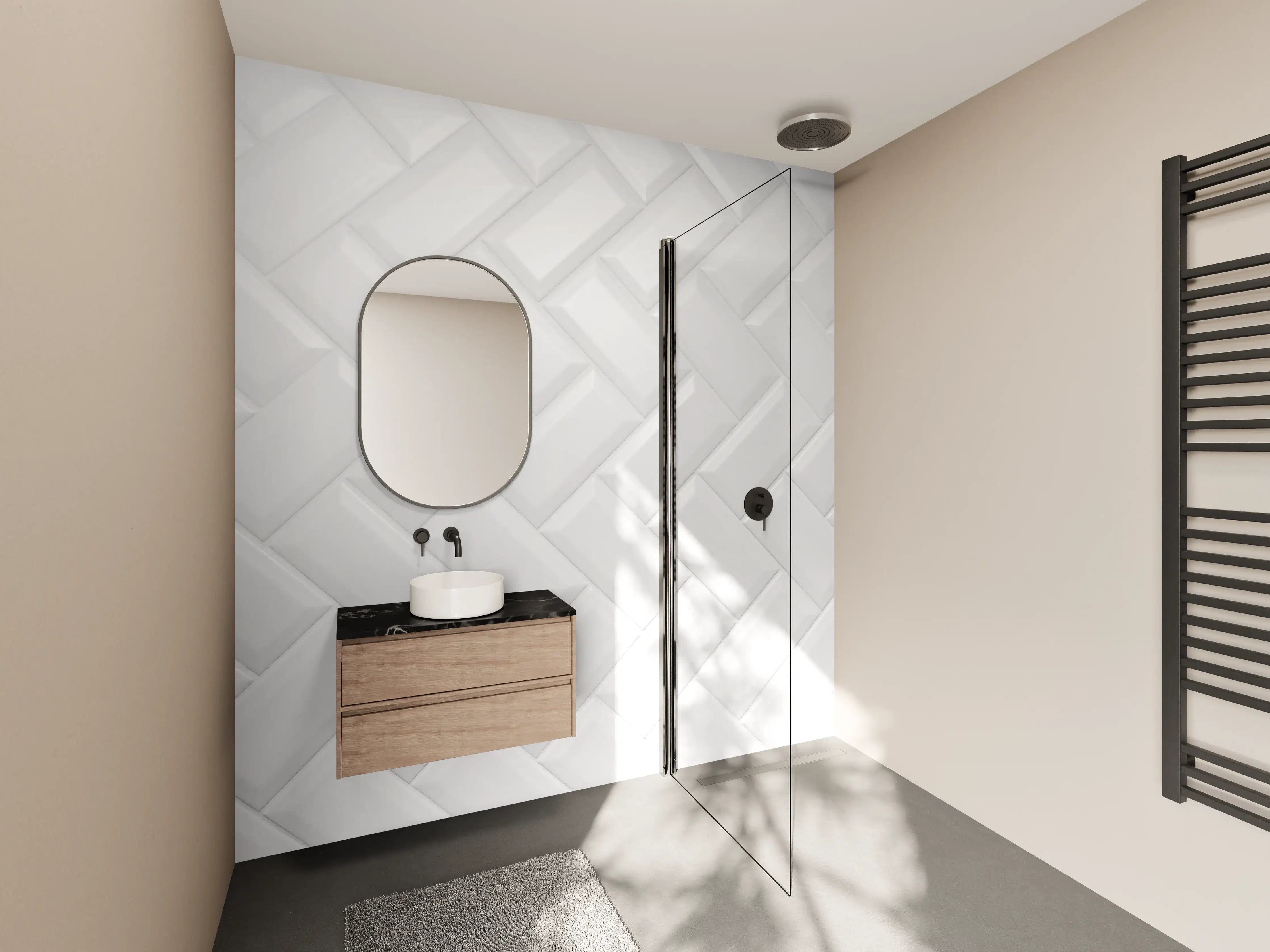 Wandverkleidung Bad - Weiß, gräuliche Keramikfliesen