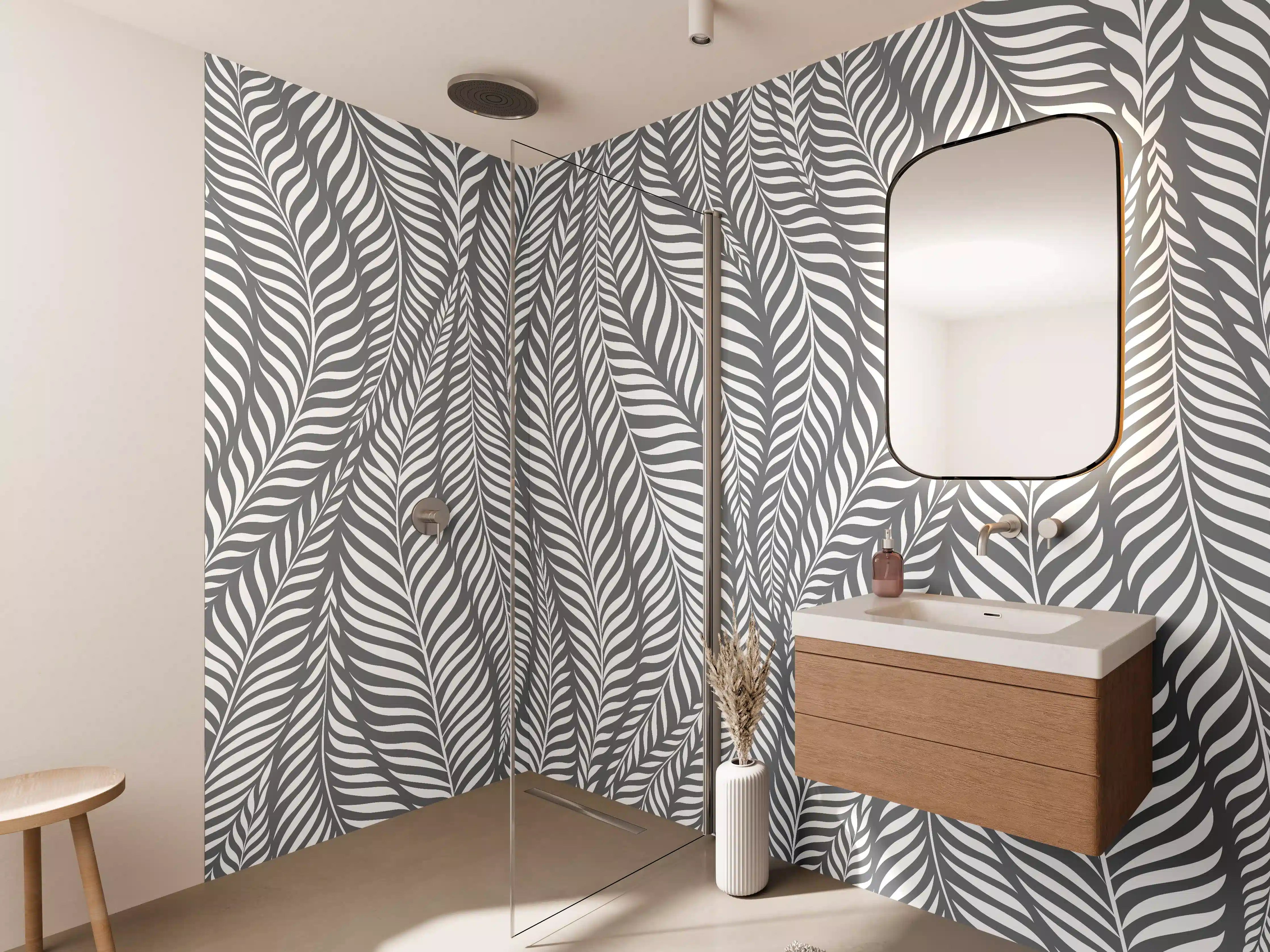 Wandverkleidung Bad - Weiße Blättermuster mit grauen Linien