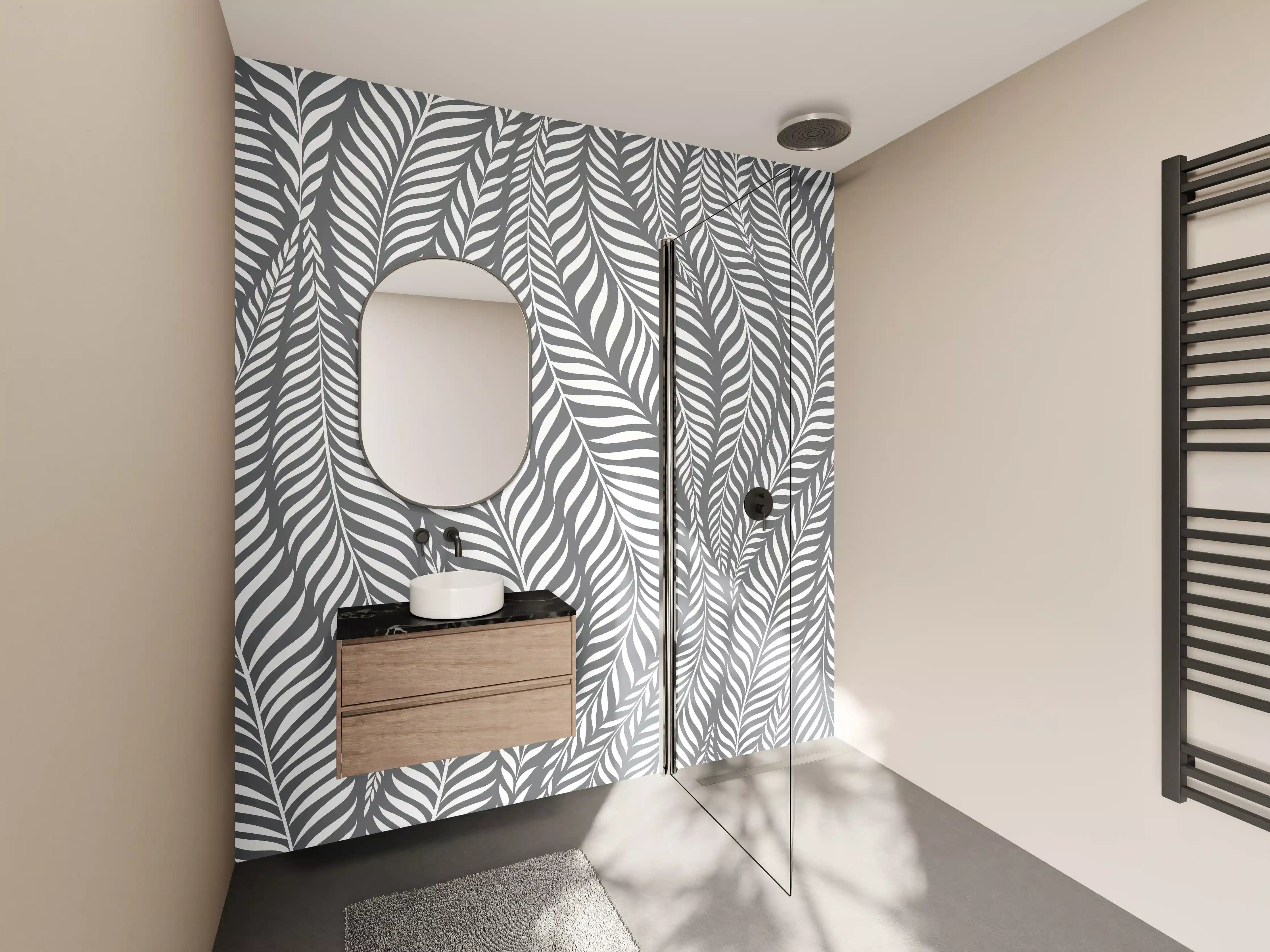 Wandverkleidung Bad - Weiße Blättermuster mit grauen Linien