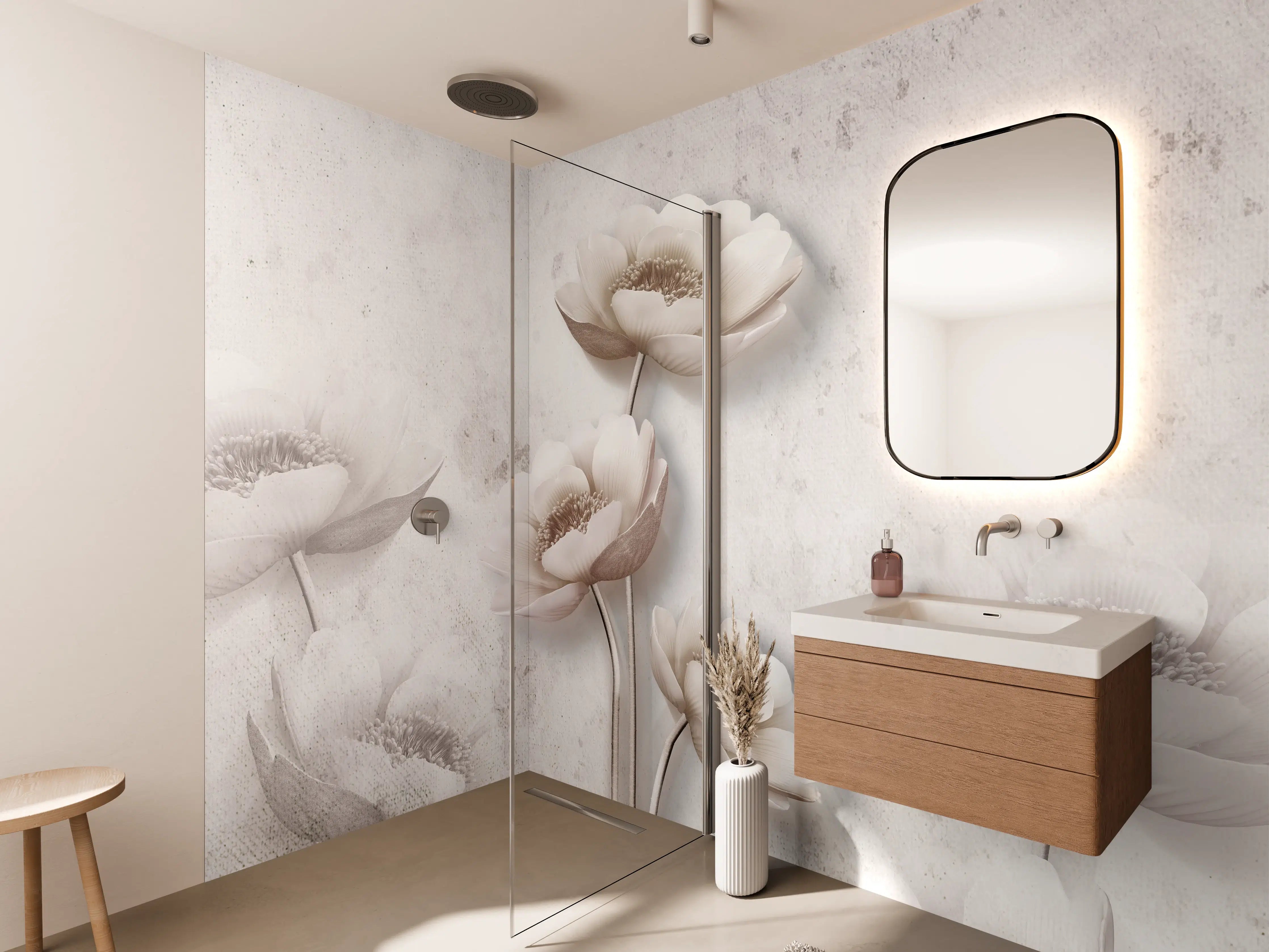 Wandverkleidung Bad - Weiße Blume Retrostil