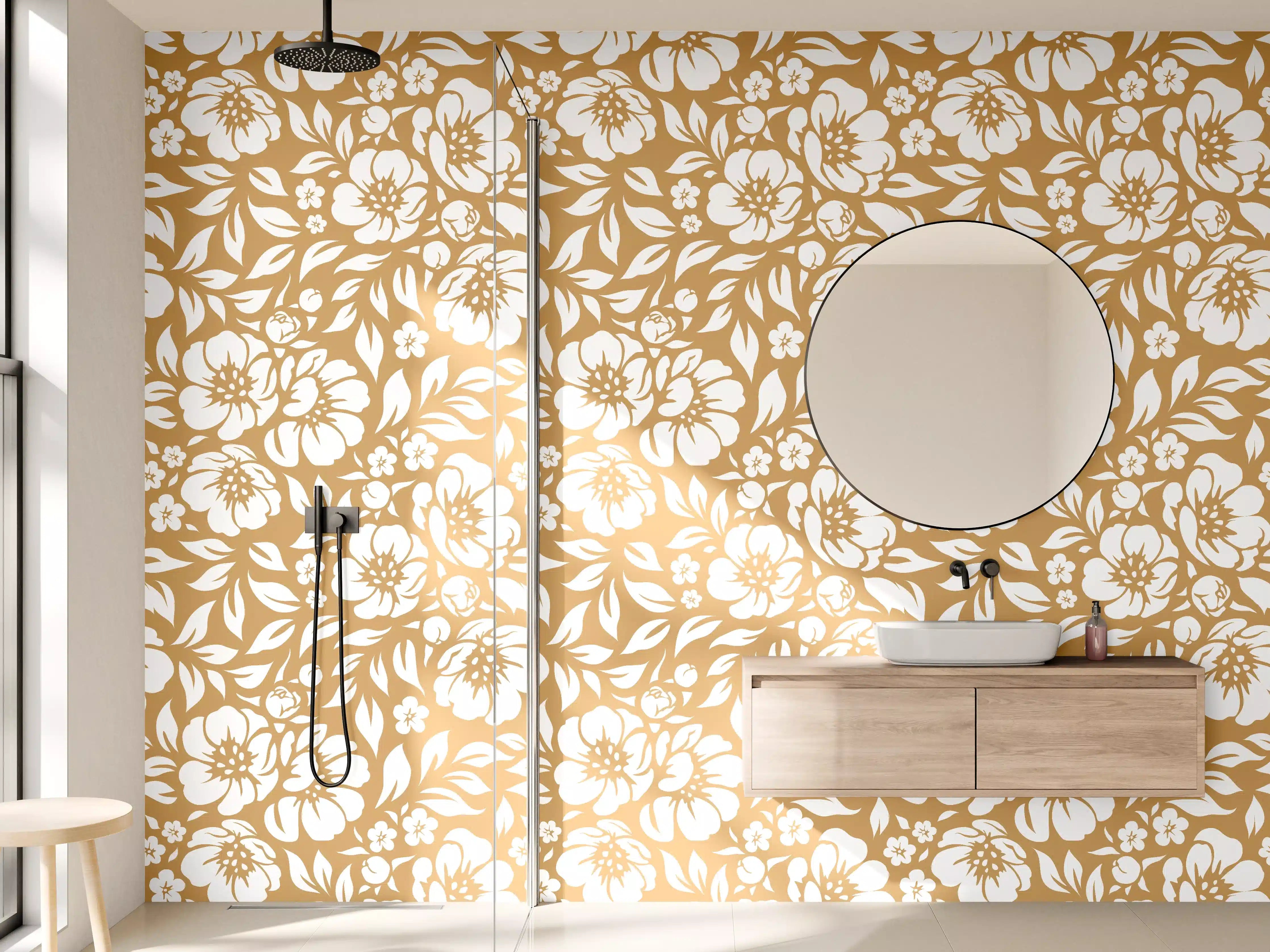 Wandverkleidung Bad - Weiße Blumenmuster auf warmem Sandton