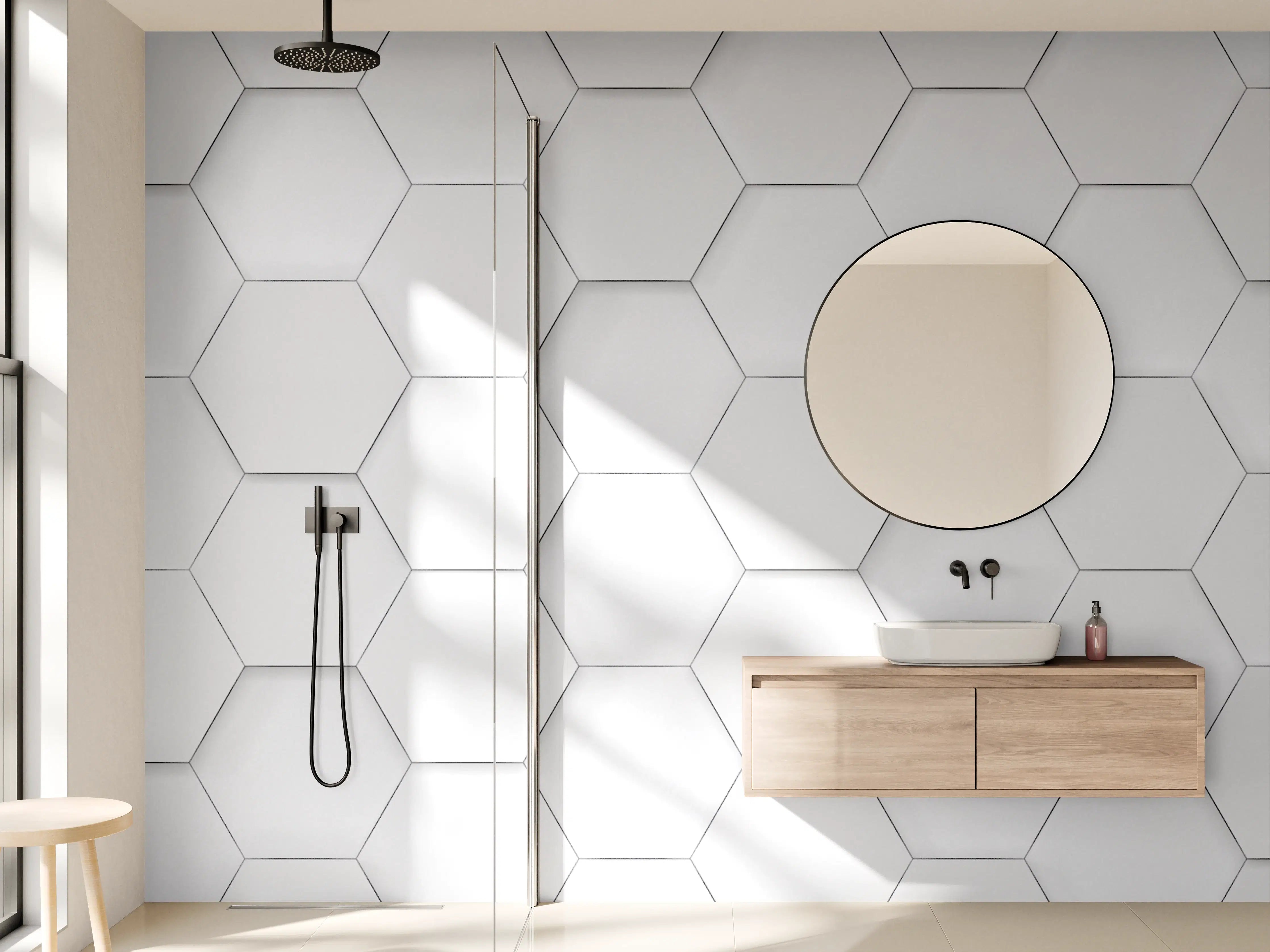 Wandverkleidung Bad - Weiße Fliesen mit Hexagon-Muster