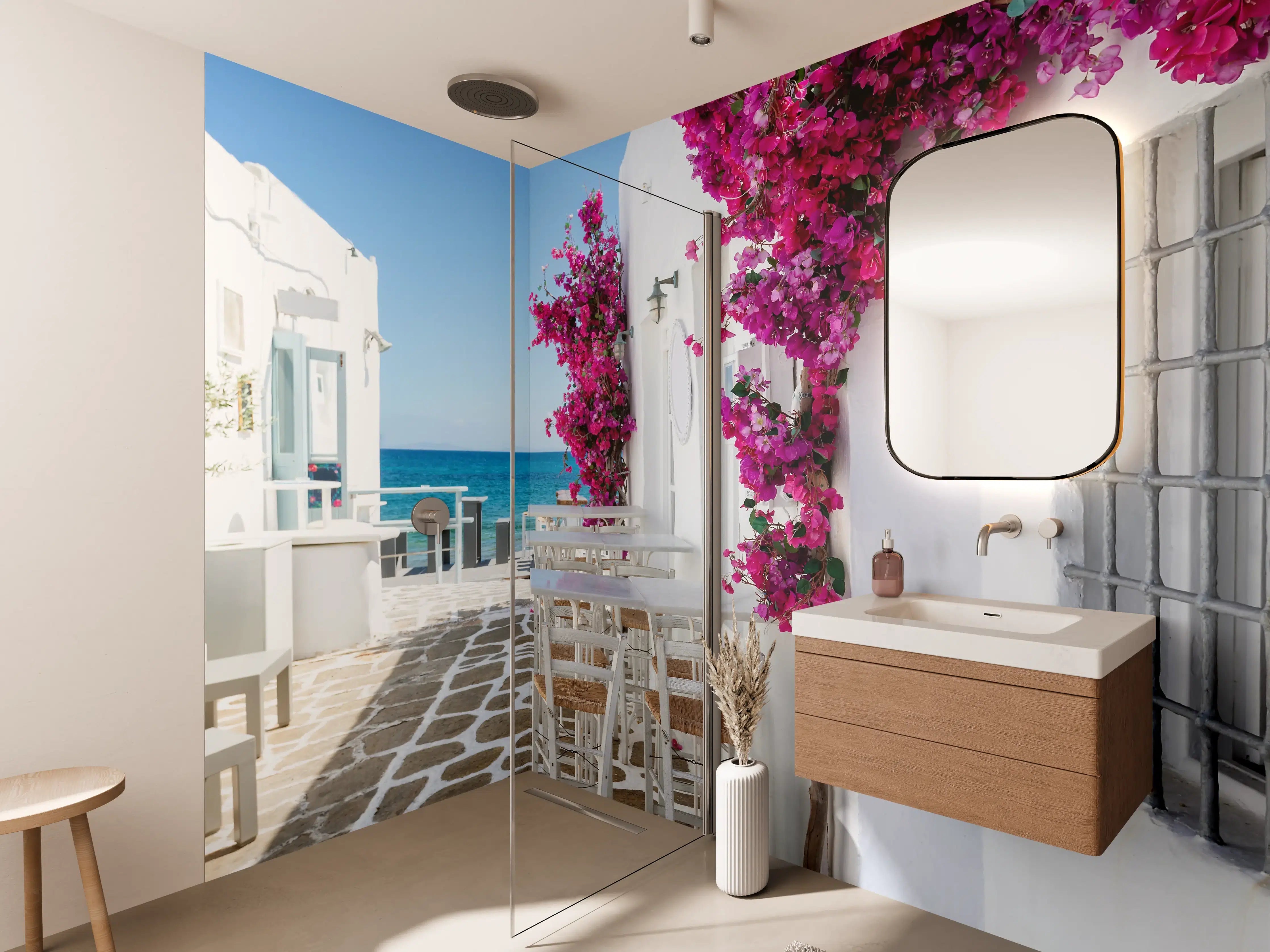 Wandverkleidung Bad - Weiße Gasse mit Oleander Blumen in Mykonos