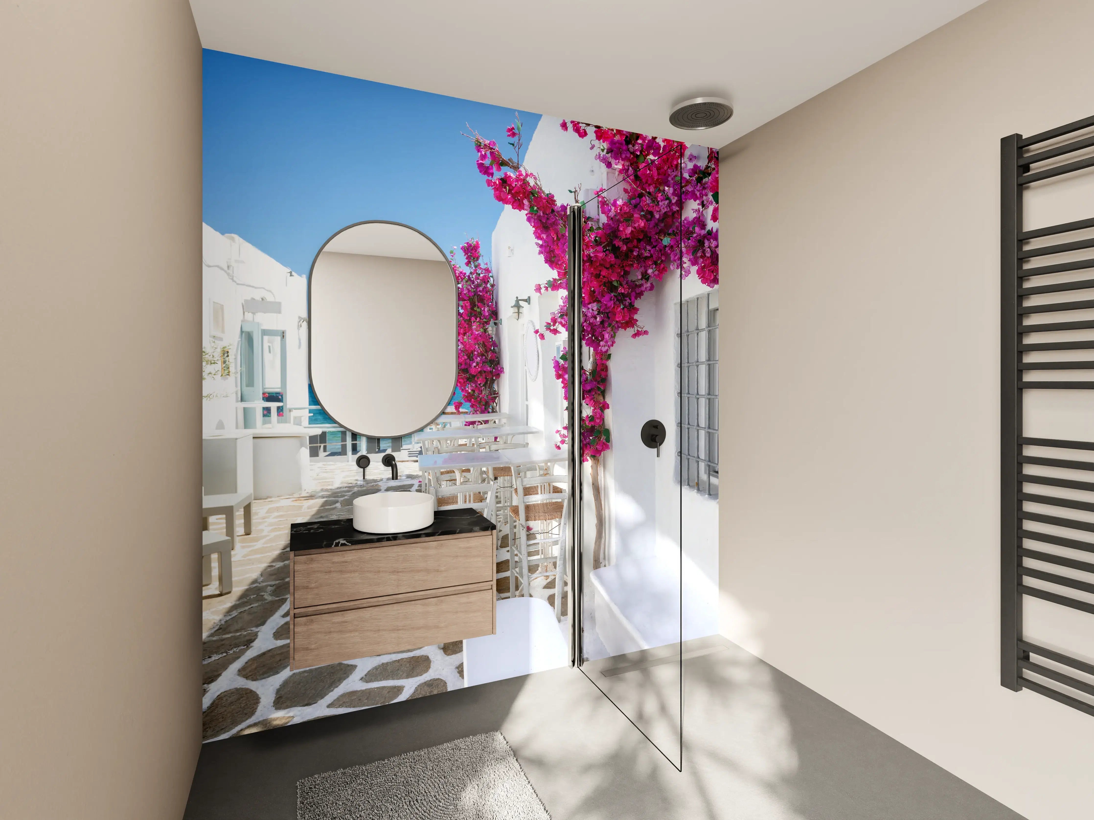 Wandverkleidung Bad - Weiße Gasse mit Oleander Blumen in Mykonos