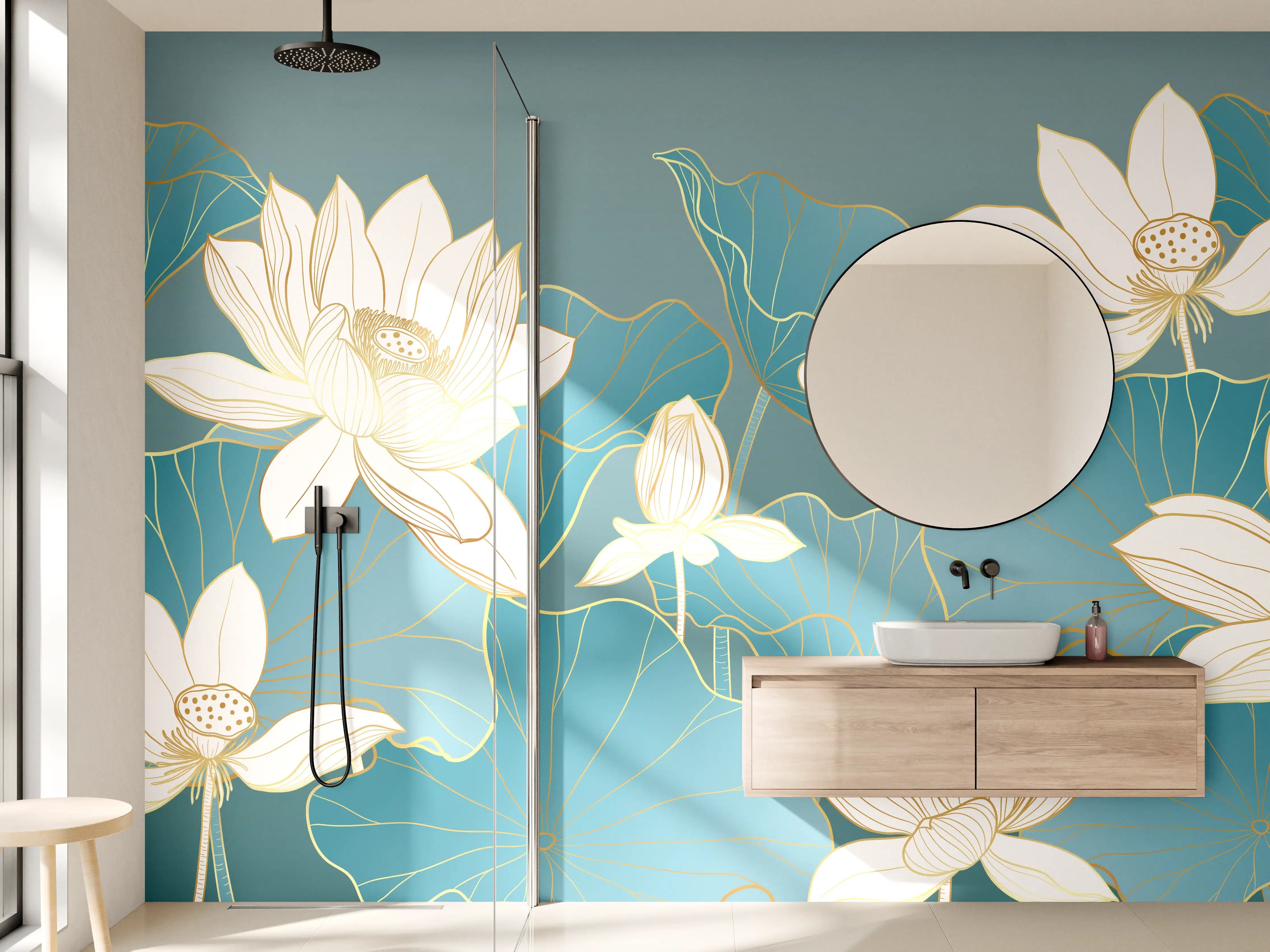 Wandverkleidung Bad - Weiße Lotusblumen auf blaugrauen Wasserlilienblättern