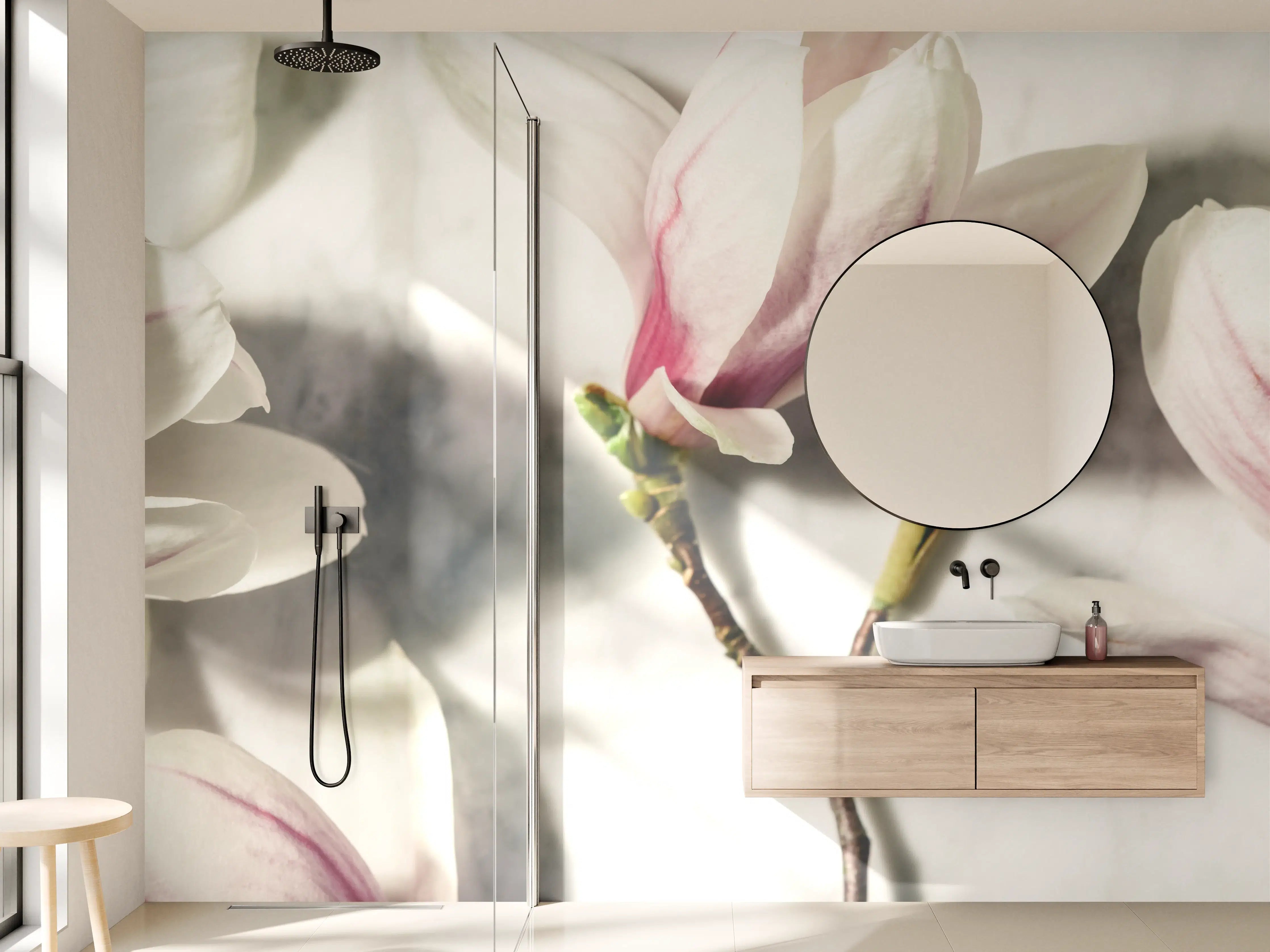 Wandverkleidung Bad - Weiße Magnolien mit rosa Akzenten