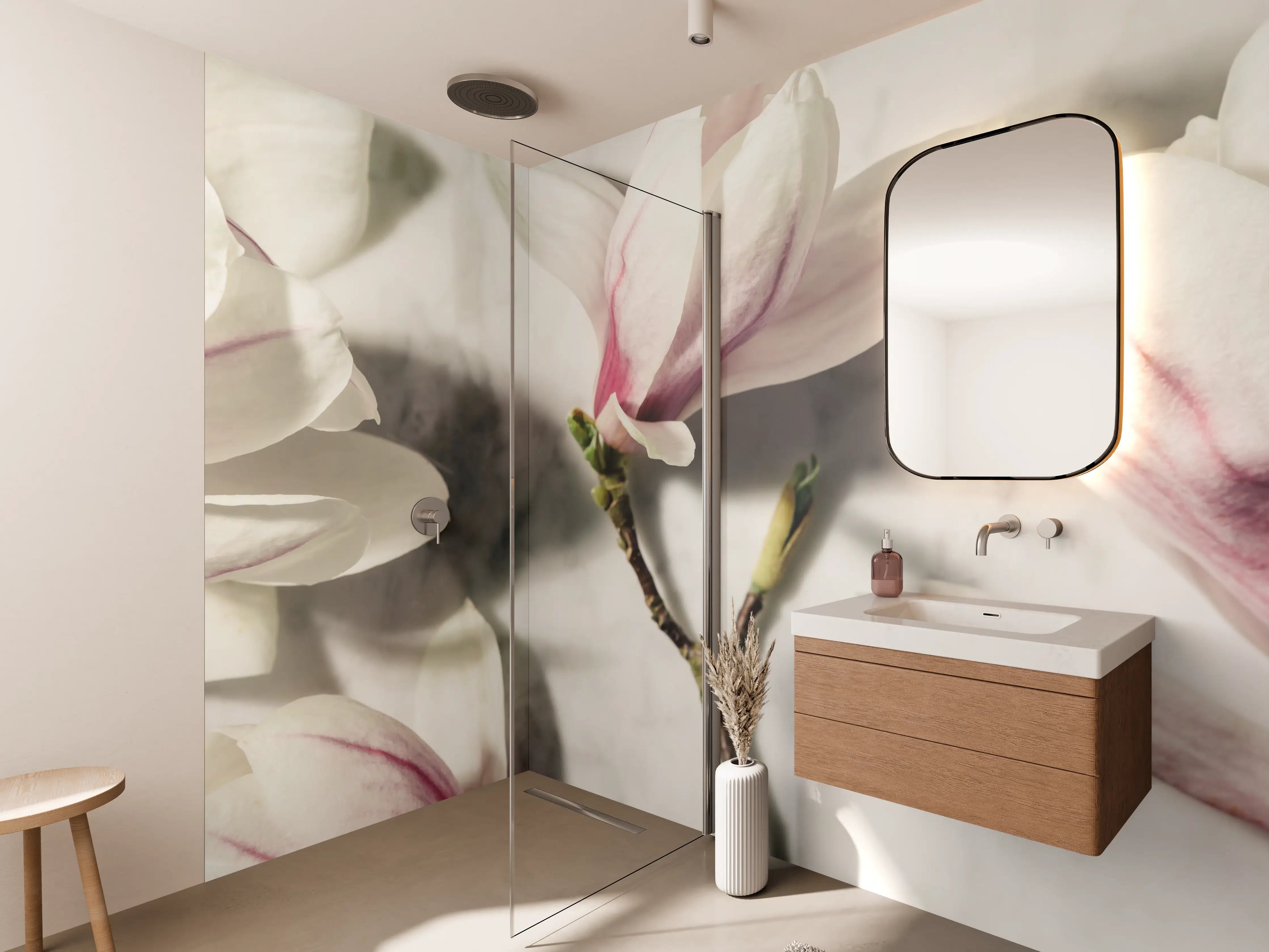 Wandverkleidung Bad - Weiße Magnolien mit rosa Akzenten