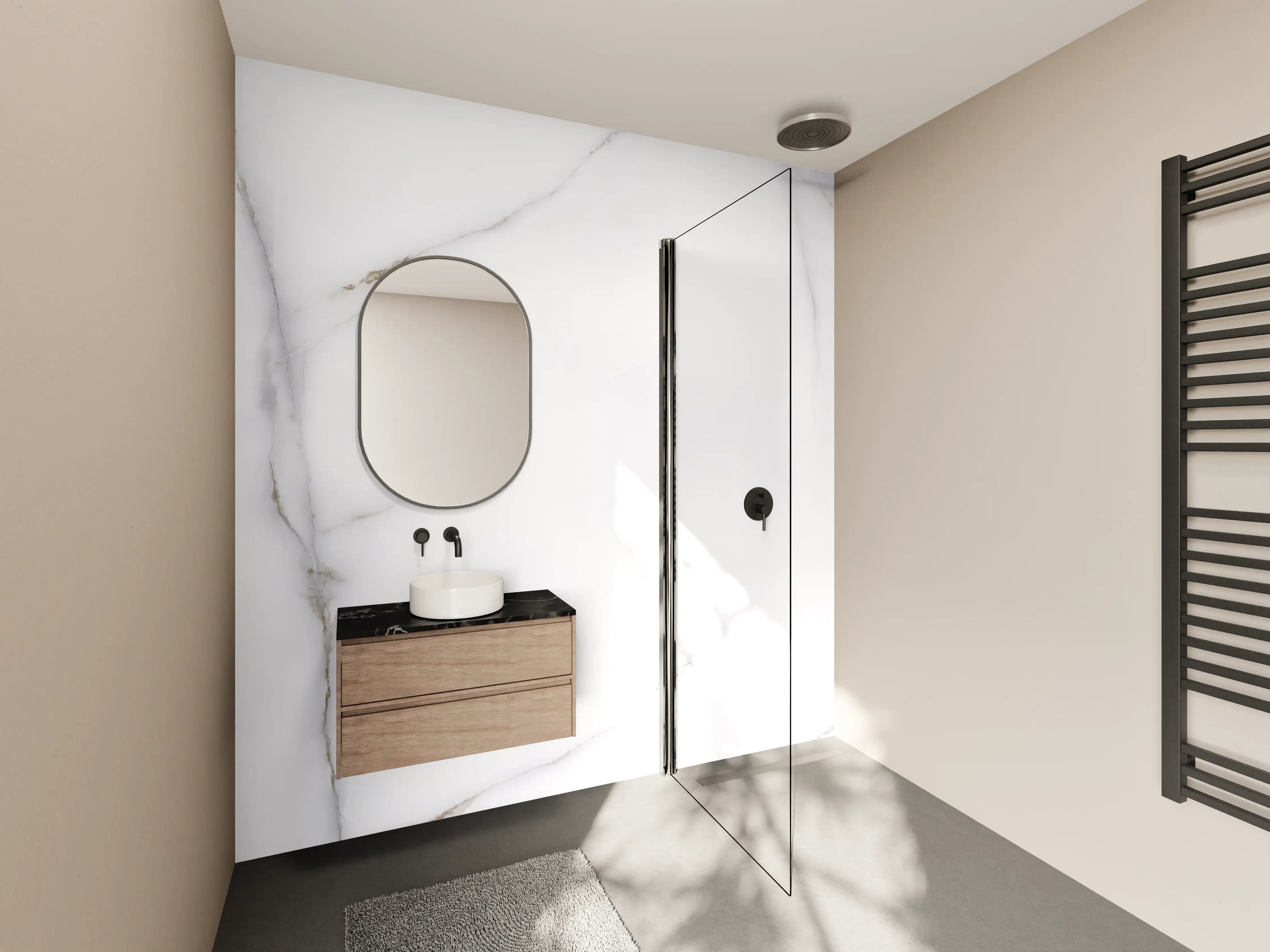 Wandverkleidung Bad - Weiße Marmor-Optik mit feinen Gold- und Brauntönen