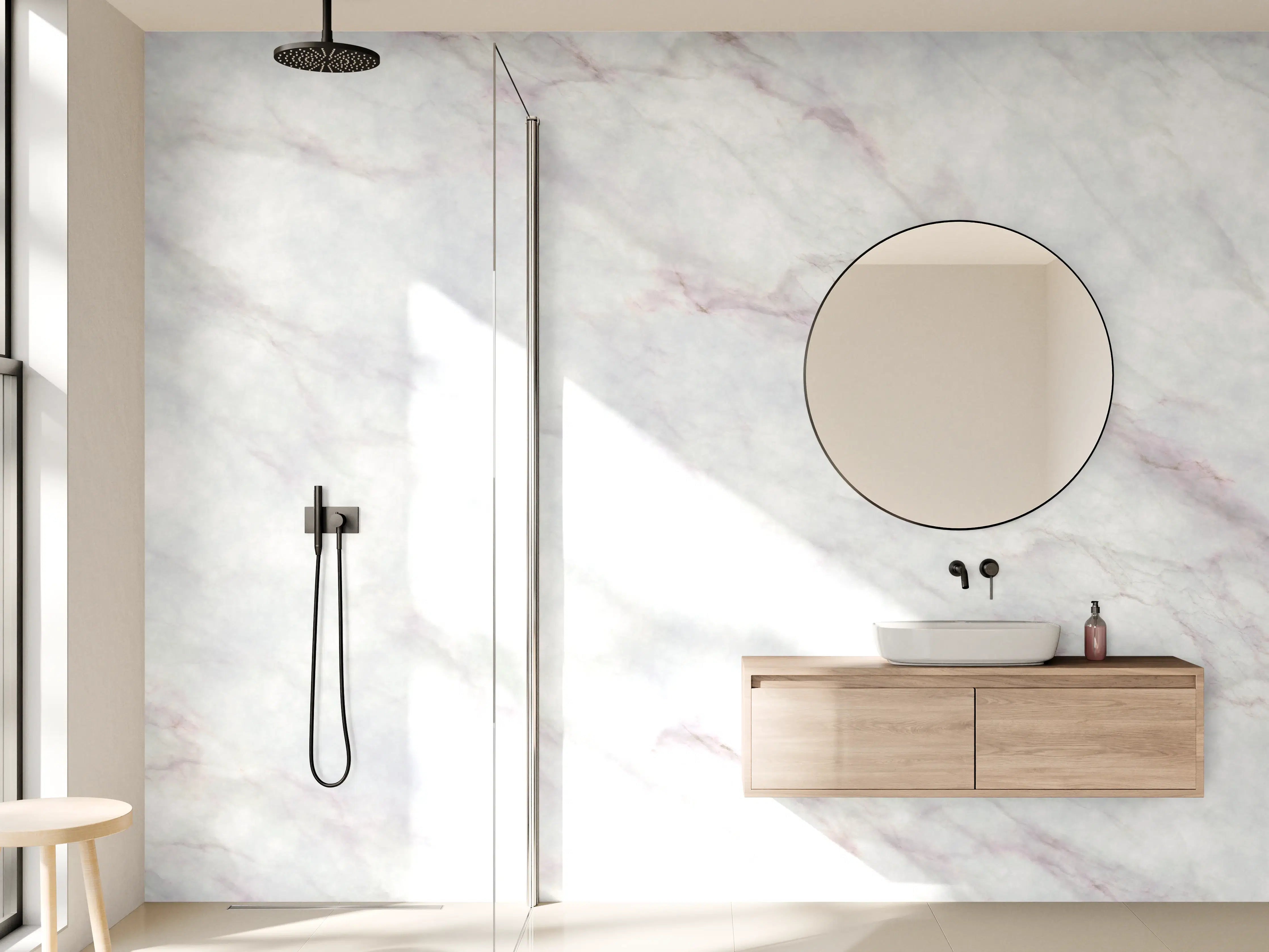 Wandverkleidung Bad - Weiße Marmor-Textur mit zarten rosa Adern