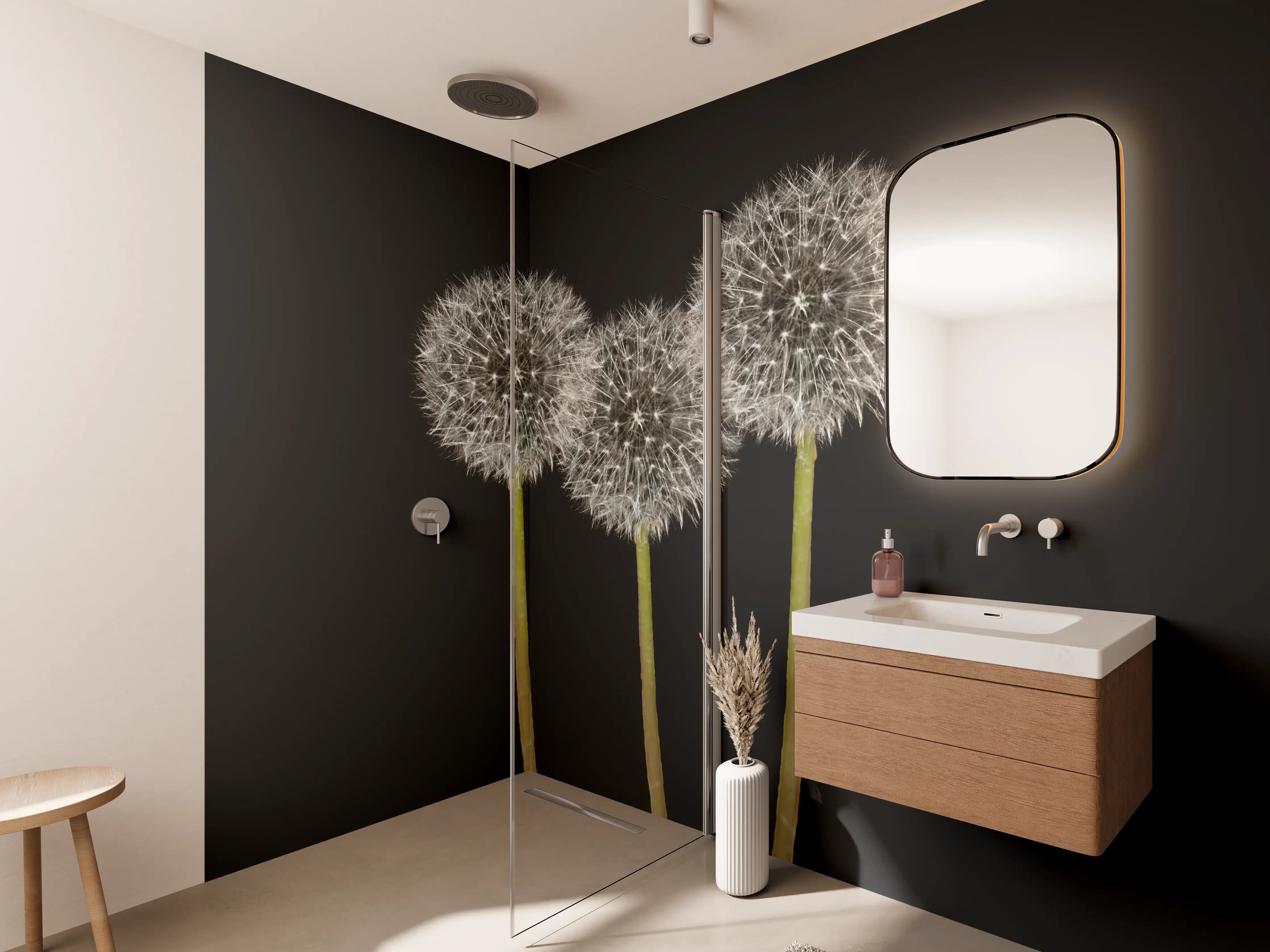 Wandverkleidung Bad - Weiße Pusteblumen auf Schwarz