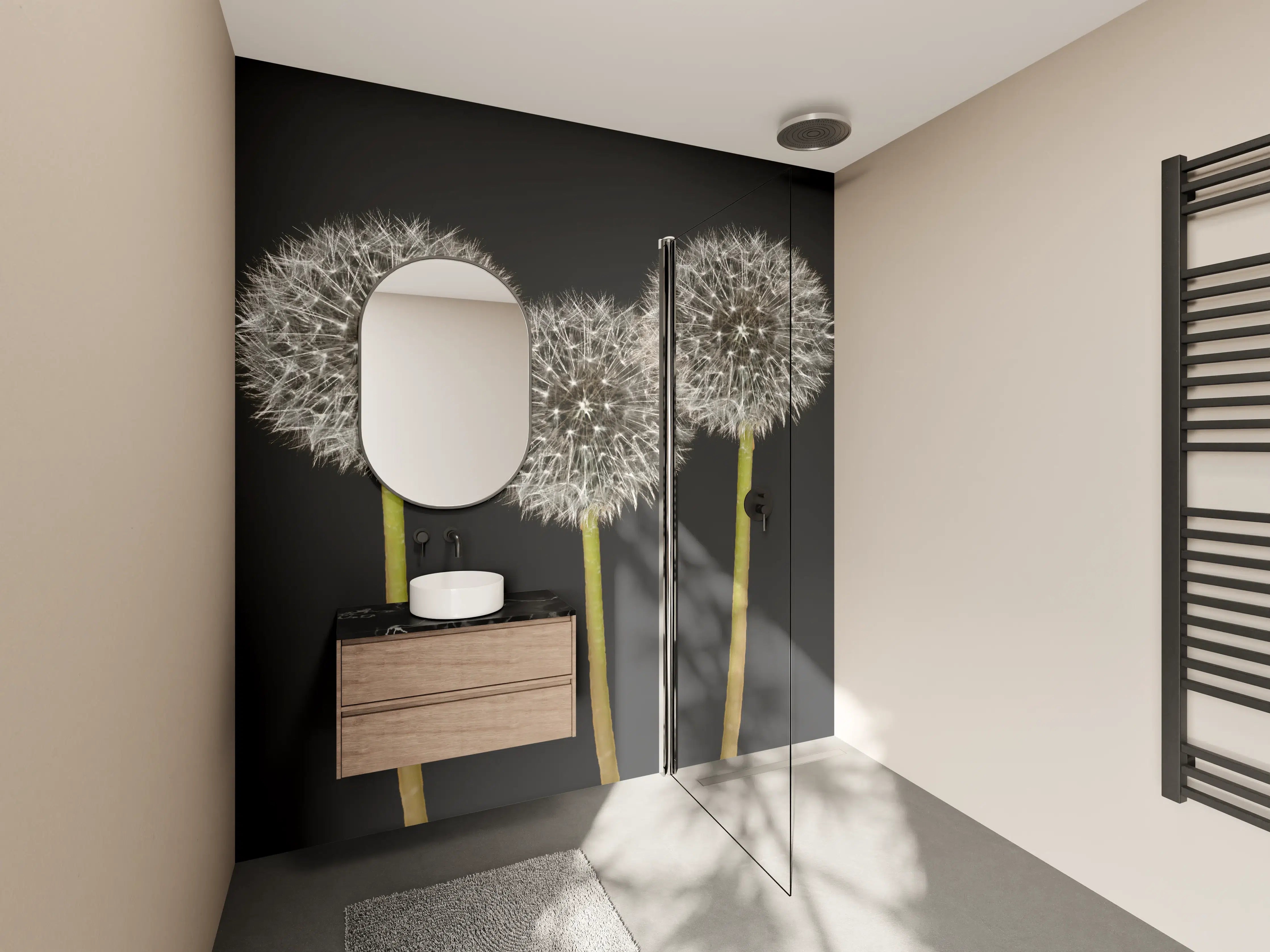 Wandverkleidung Bad - Weiße Pusteblumen auf Schwarz