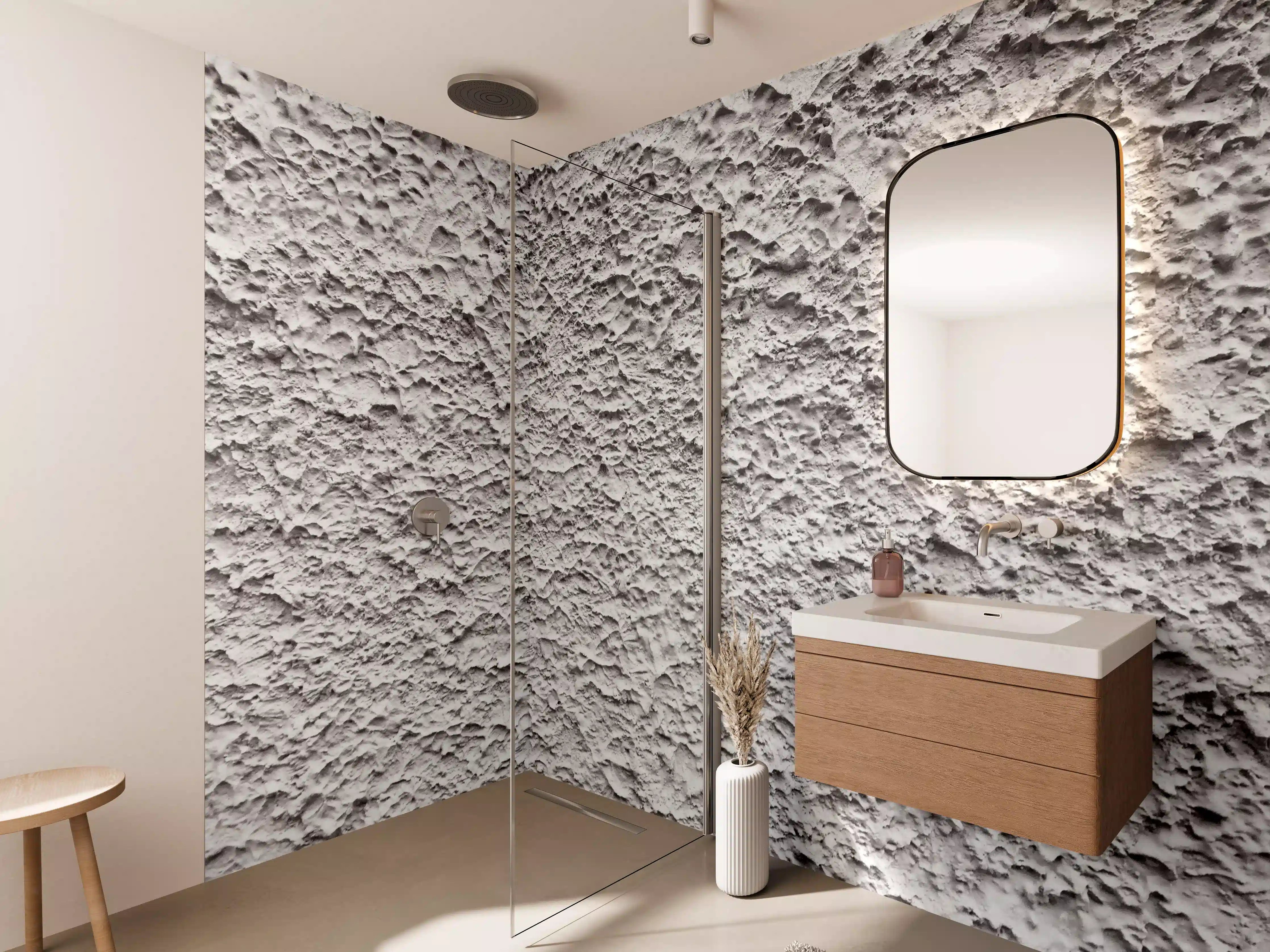 Wandverkleidung Bad - Weiße Putzwand mit strukturierter Oberfläche