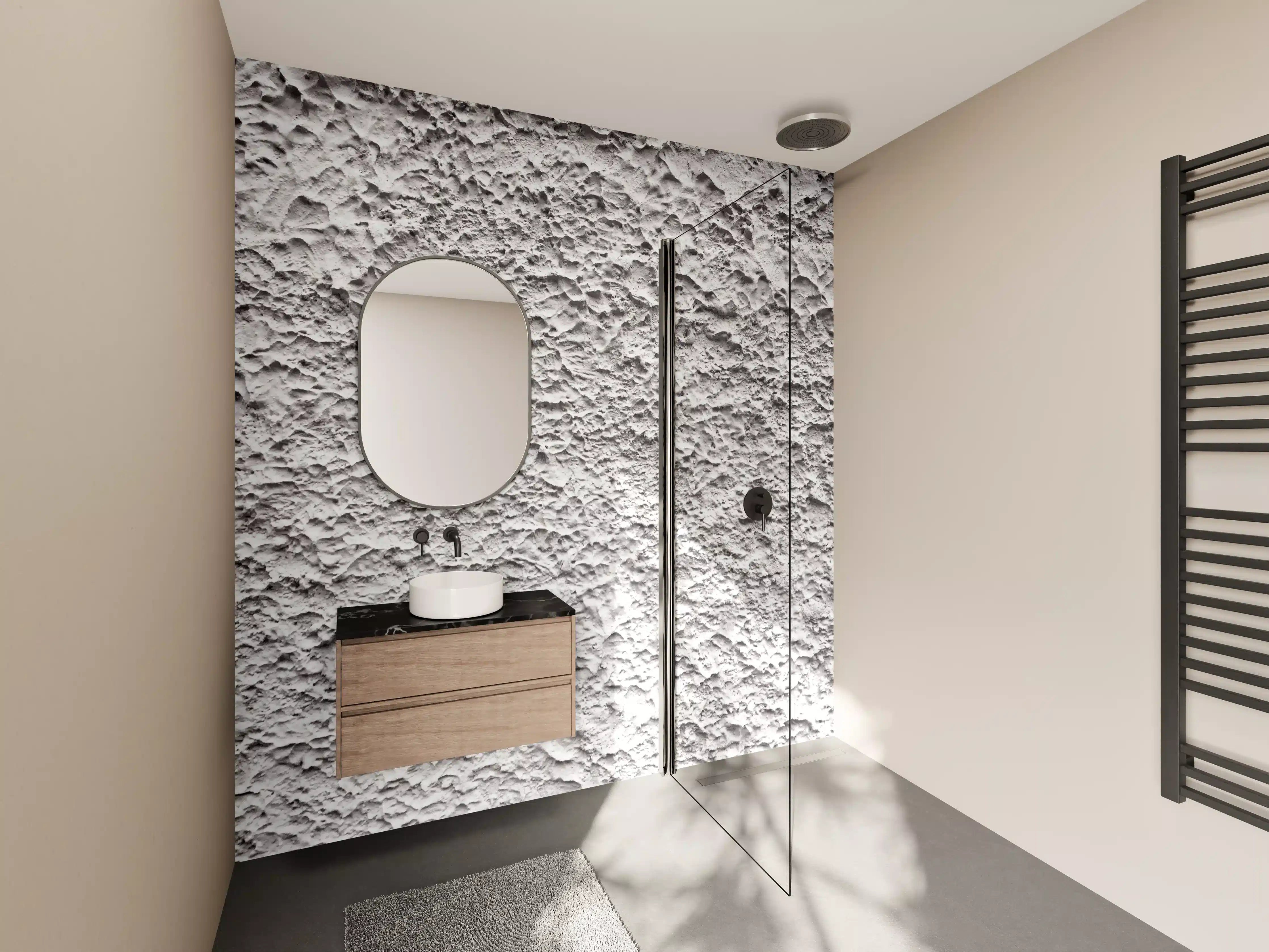 Wandverkleidung Bad - Weiße Putzwand mit strukturierter Oberfläche