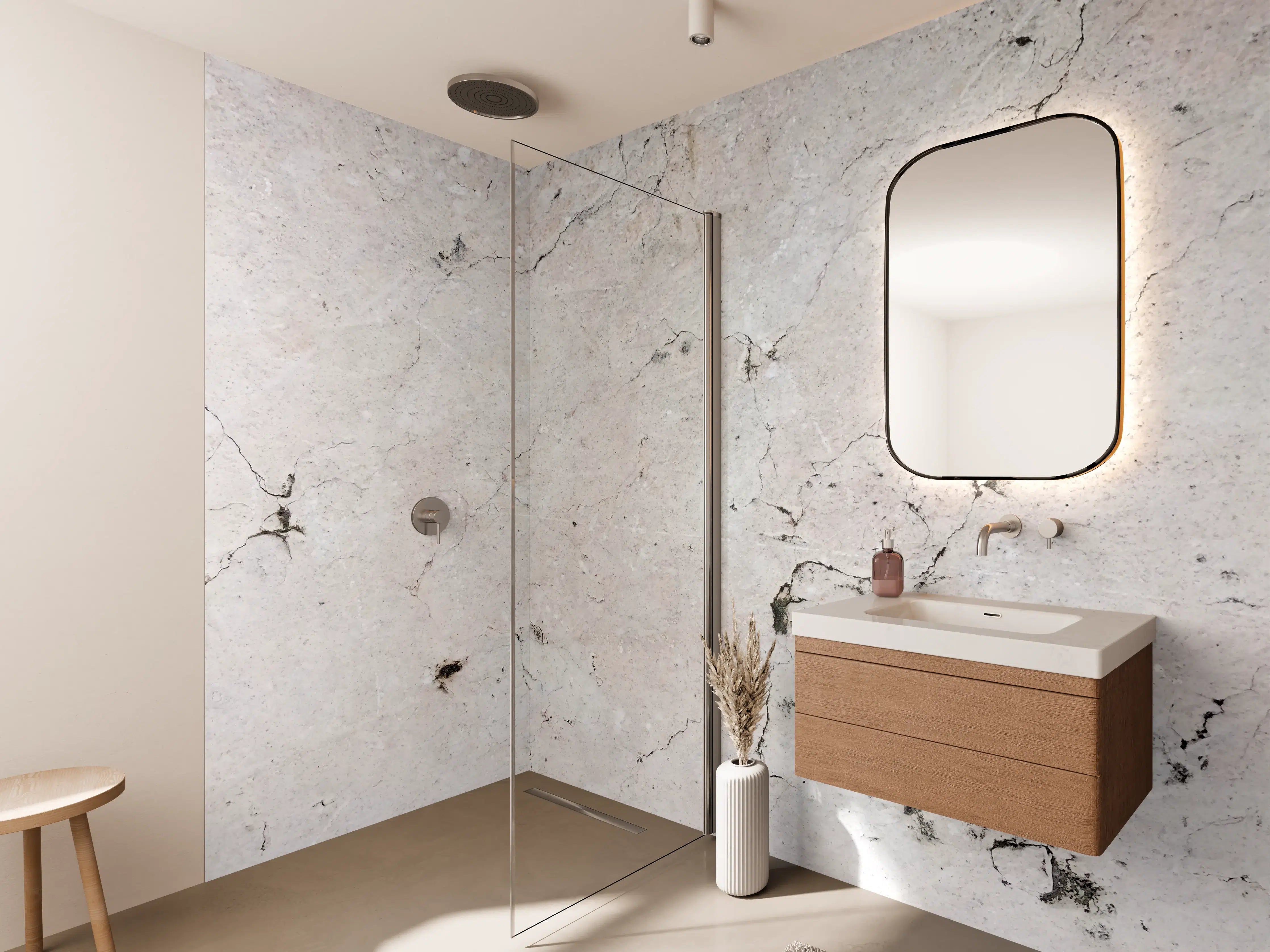 Wandverkleidung Bad - Weiße Sandstein-Textur mit feinen Rissen