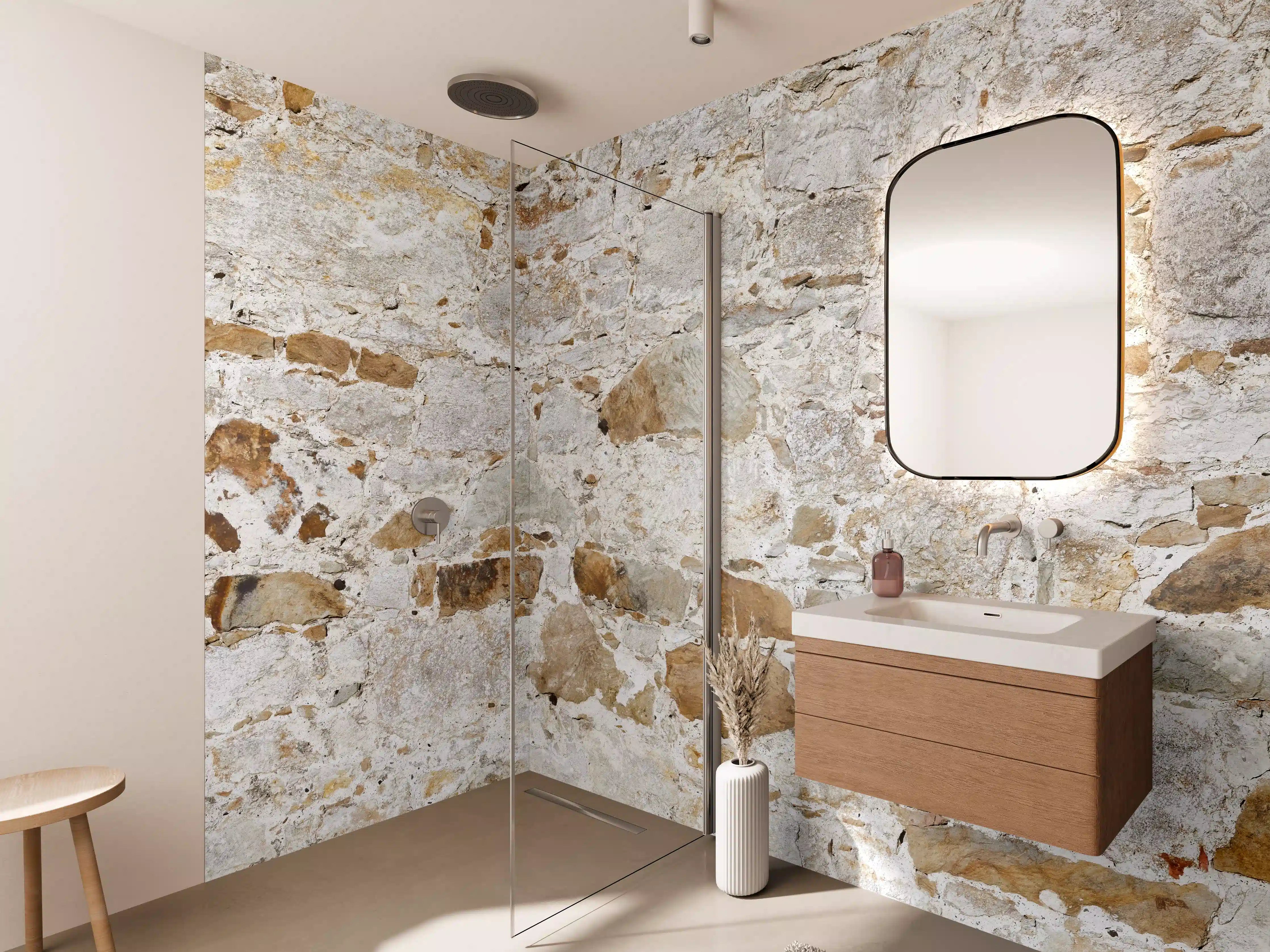 Wandverkleidung Bad - Weiße Steinmauer mit grauer Textur