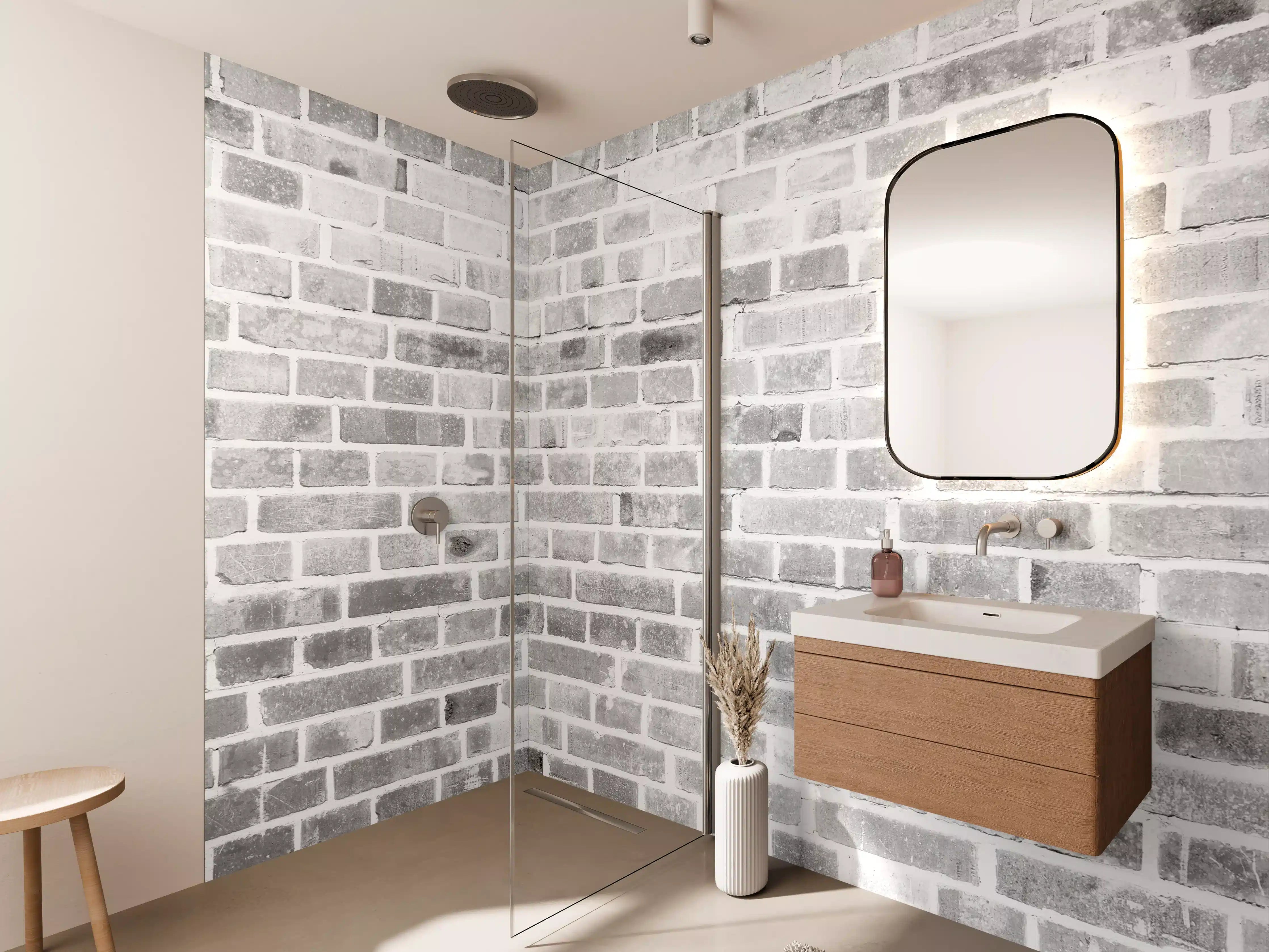 Wandverkleidung Bad - Weiße Ziegelwand in Grau-Tönen