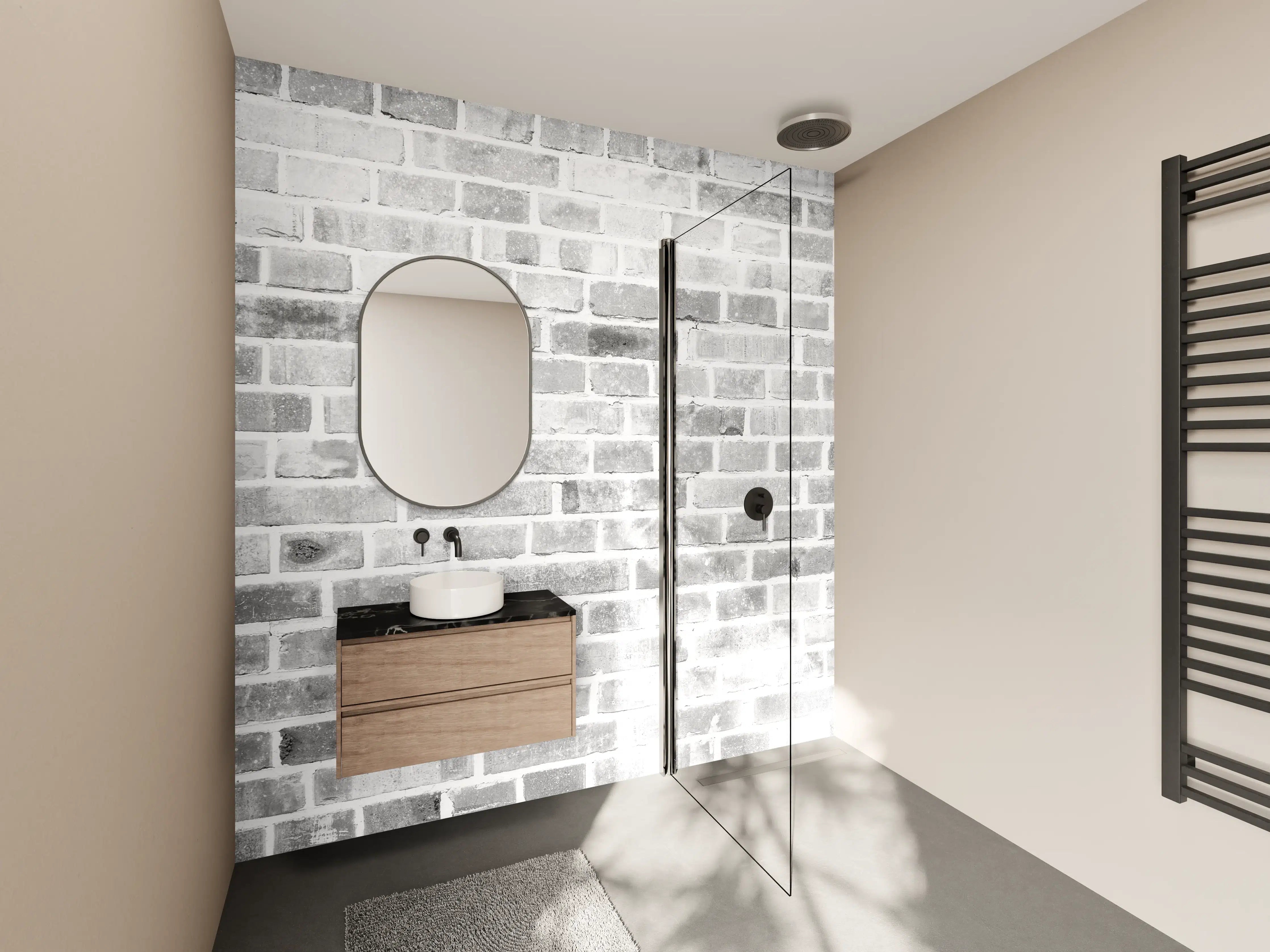 Wandverkleidung Bad - Weiße Ziegelwand in Grau-Tönen