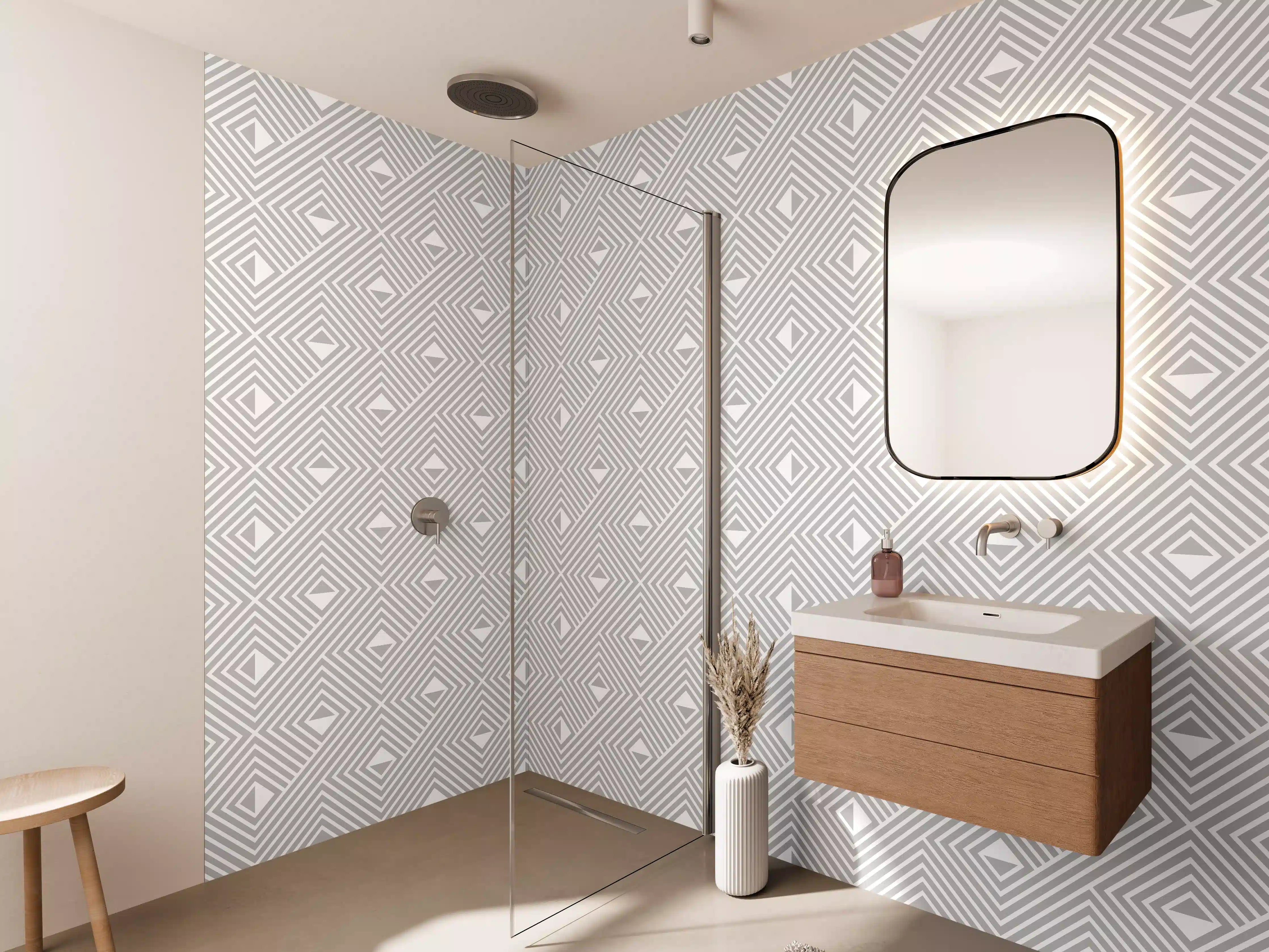 Wandverkleidung Bad - Weiße geometrische Muster mit Grauaccelerationen