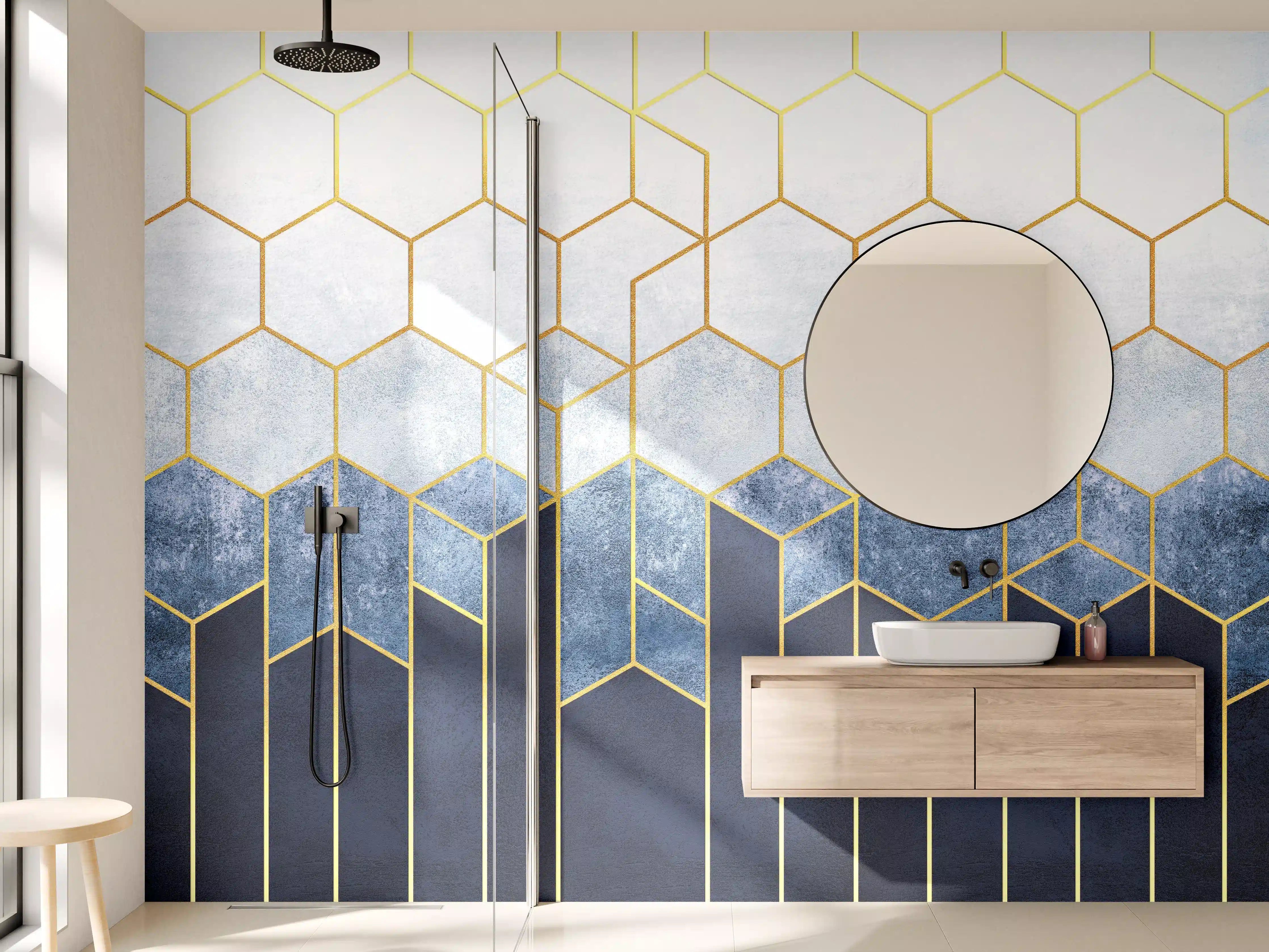 Wandverkleidung Bad - Weiße und blaue Marmorwand mit goldenen Linien