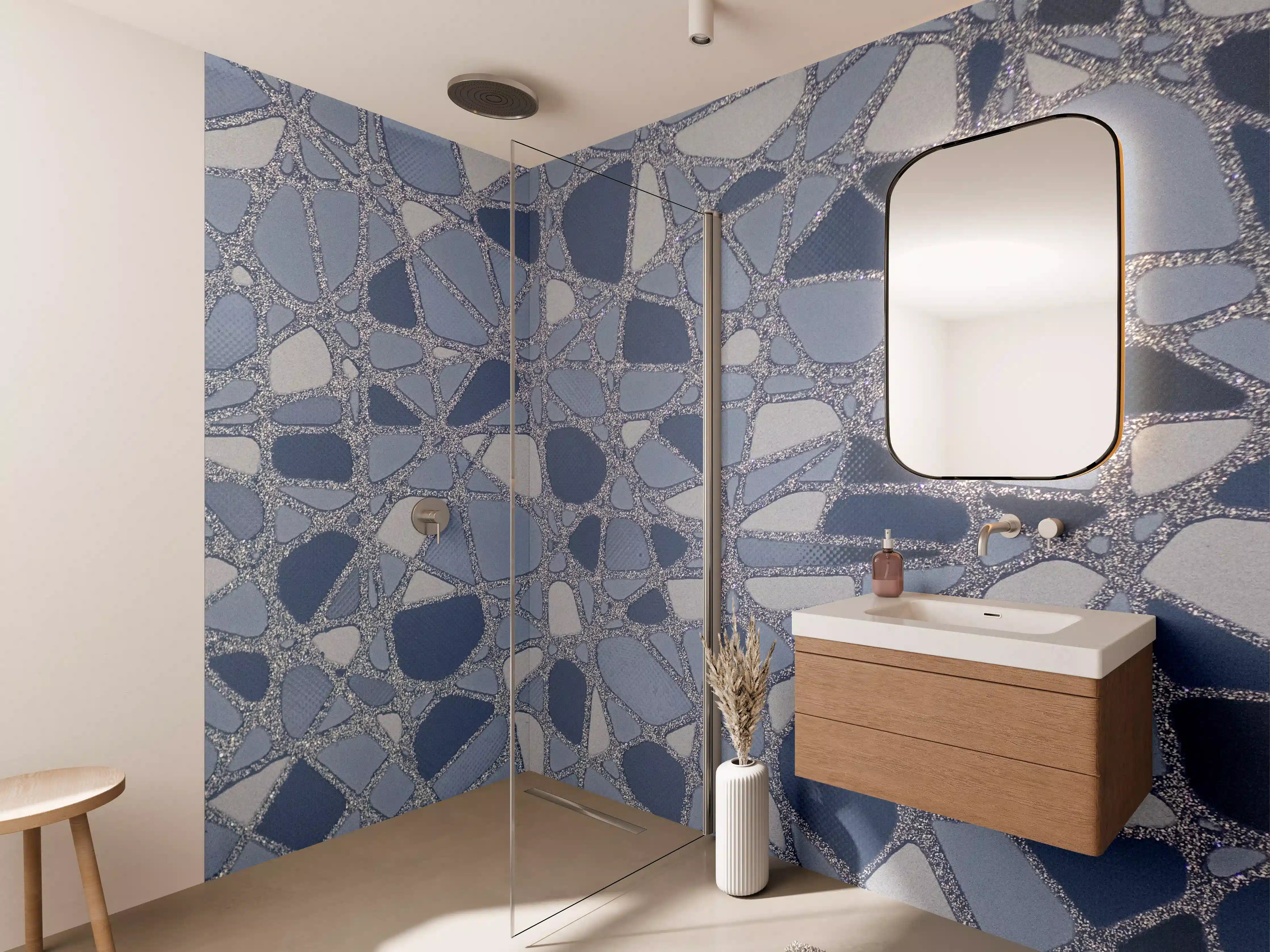 Wandverkleidung Bad - Weiße und blaue Mosaiksteinmuster