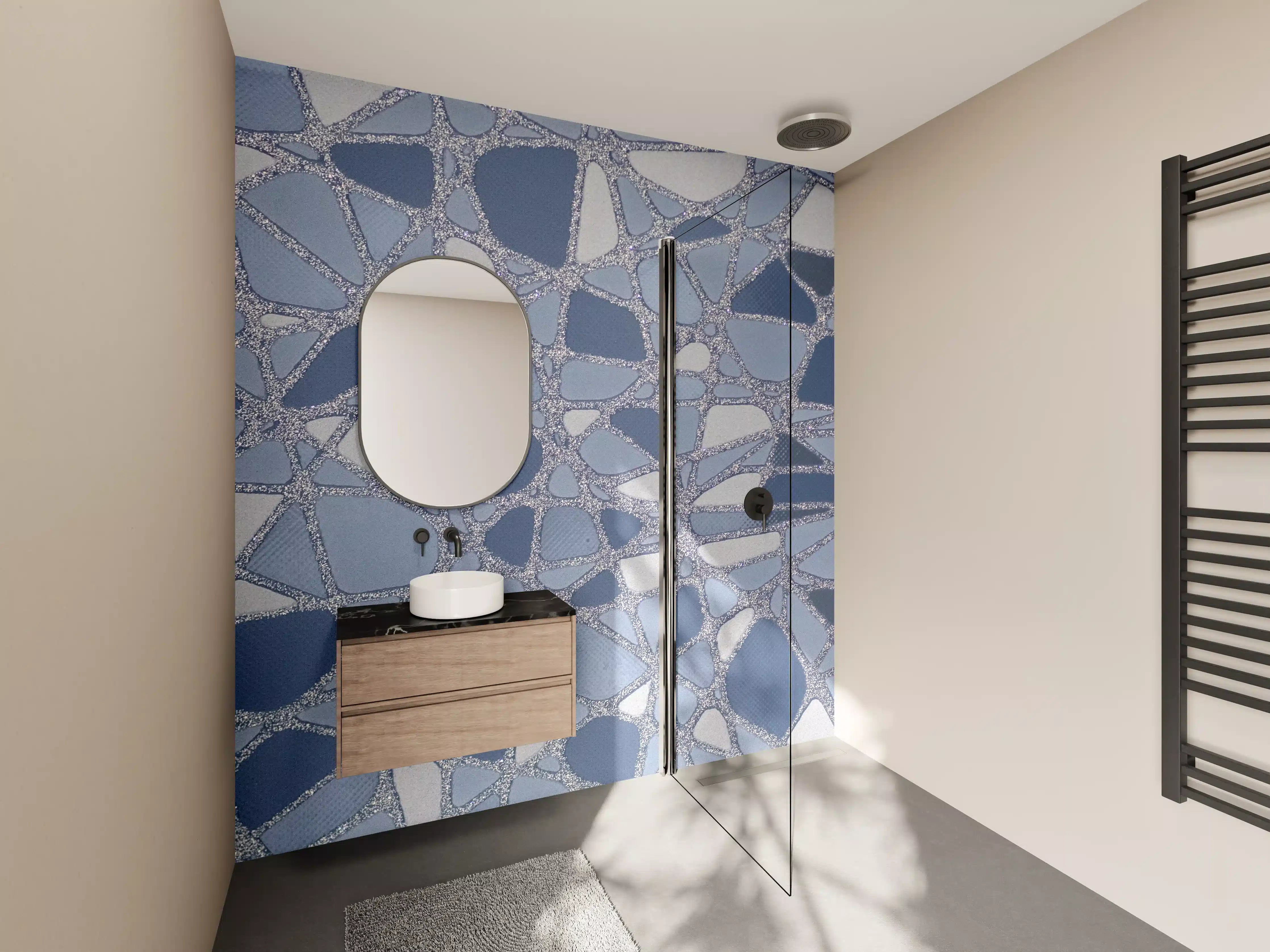 Wandverkleidung Bad - Weiße und blaue Mosaiksteinmuster