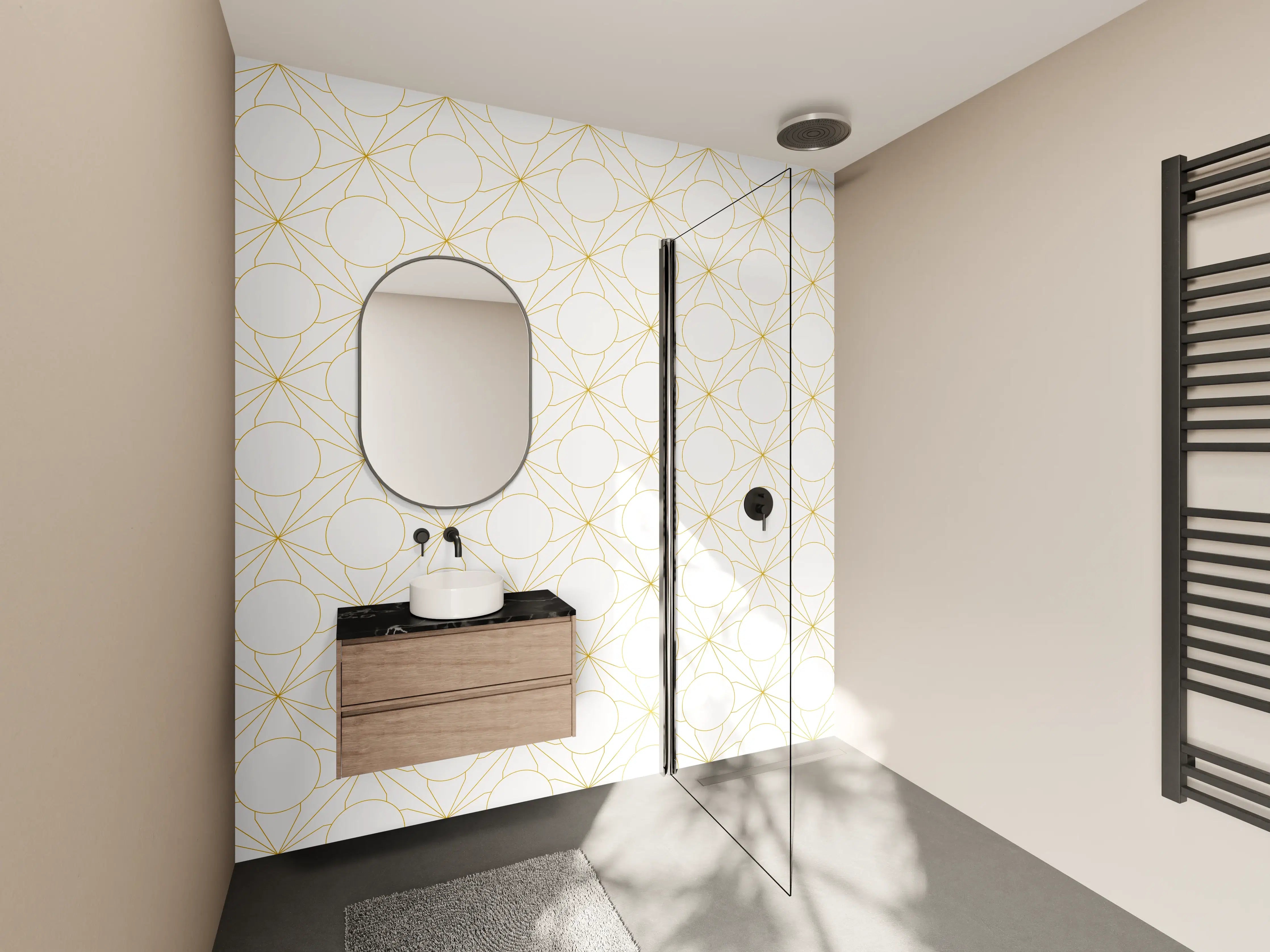 Wandverkleidung Bad - Weiße und goldene Marmortextur mit feinen Linien