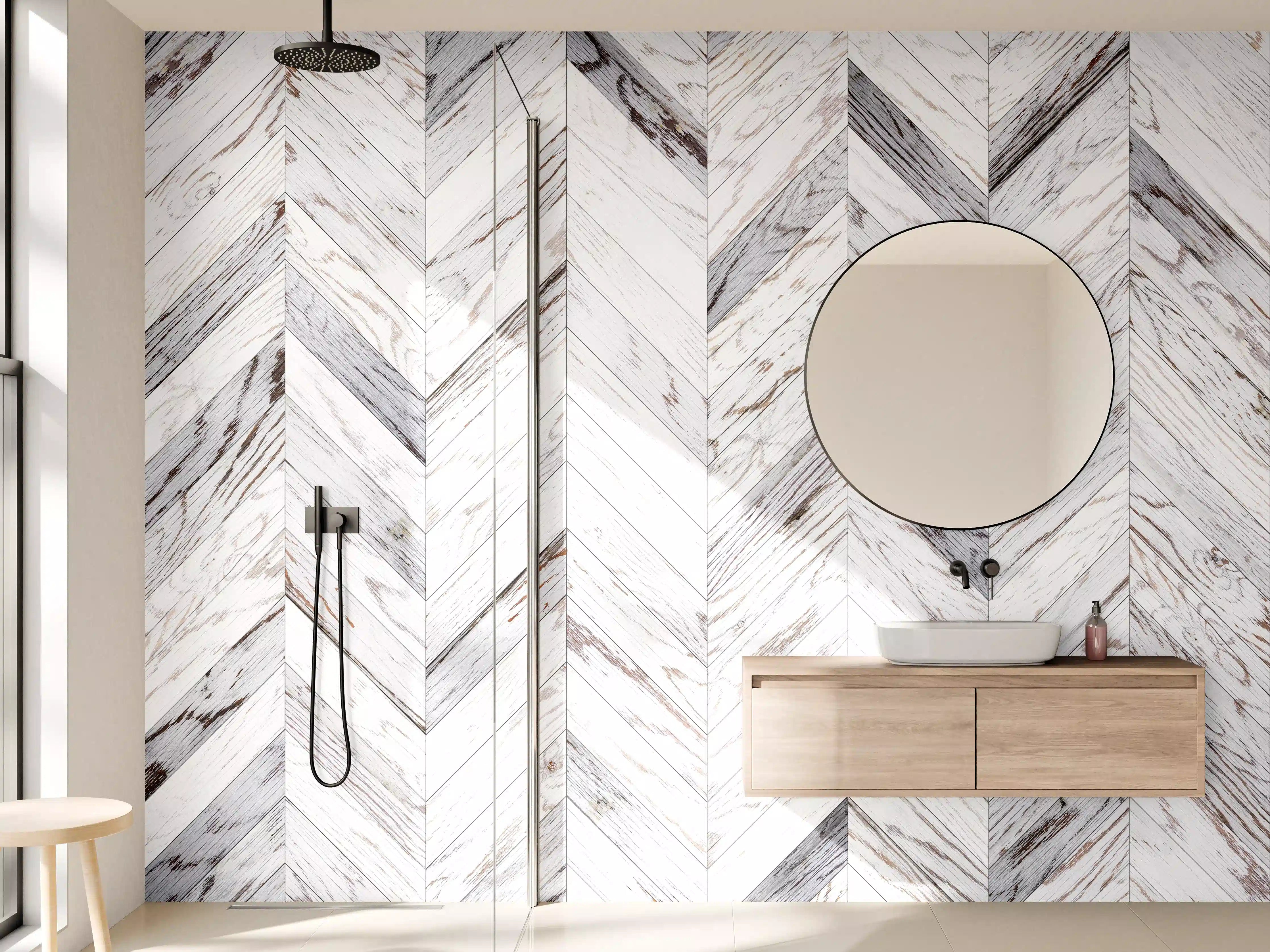 Wandverkleidung Bad - Weißer Chevron - Holzoptik