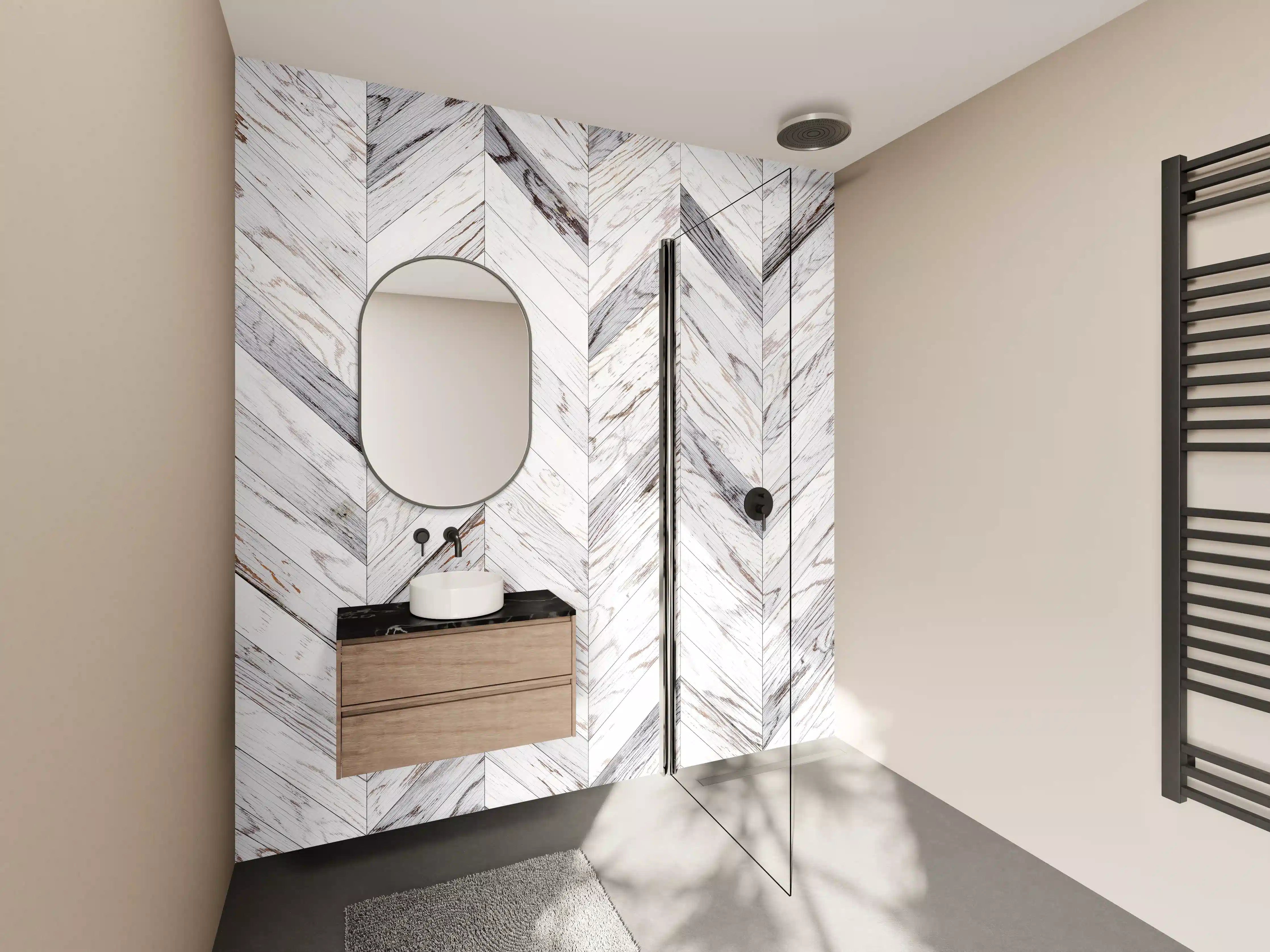 Wandverkleidung Bad - Weißer Chevron - Holzoptik