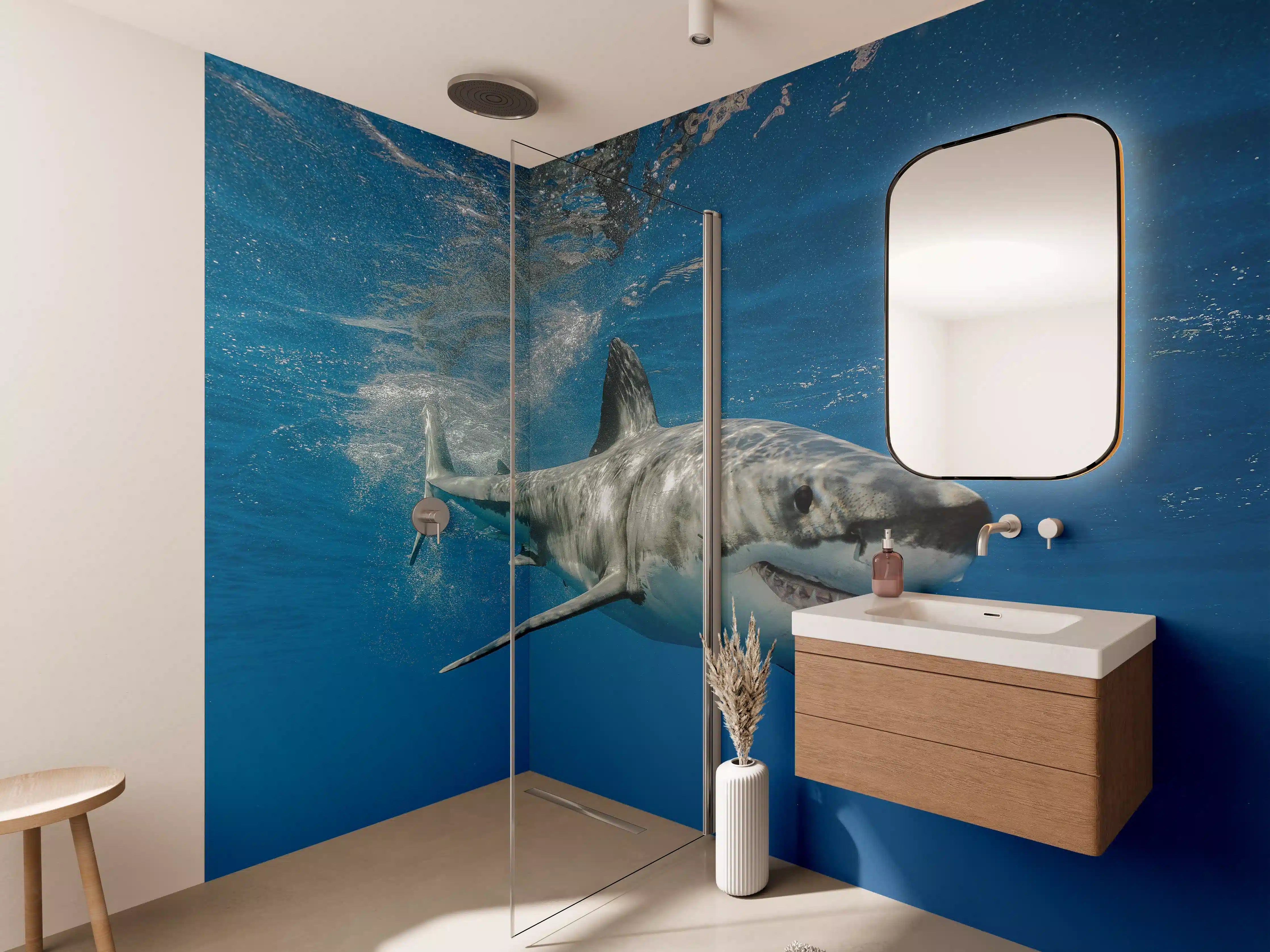 Wandverkleidung Bad - Weißer Hai in Unterwasseransicht