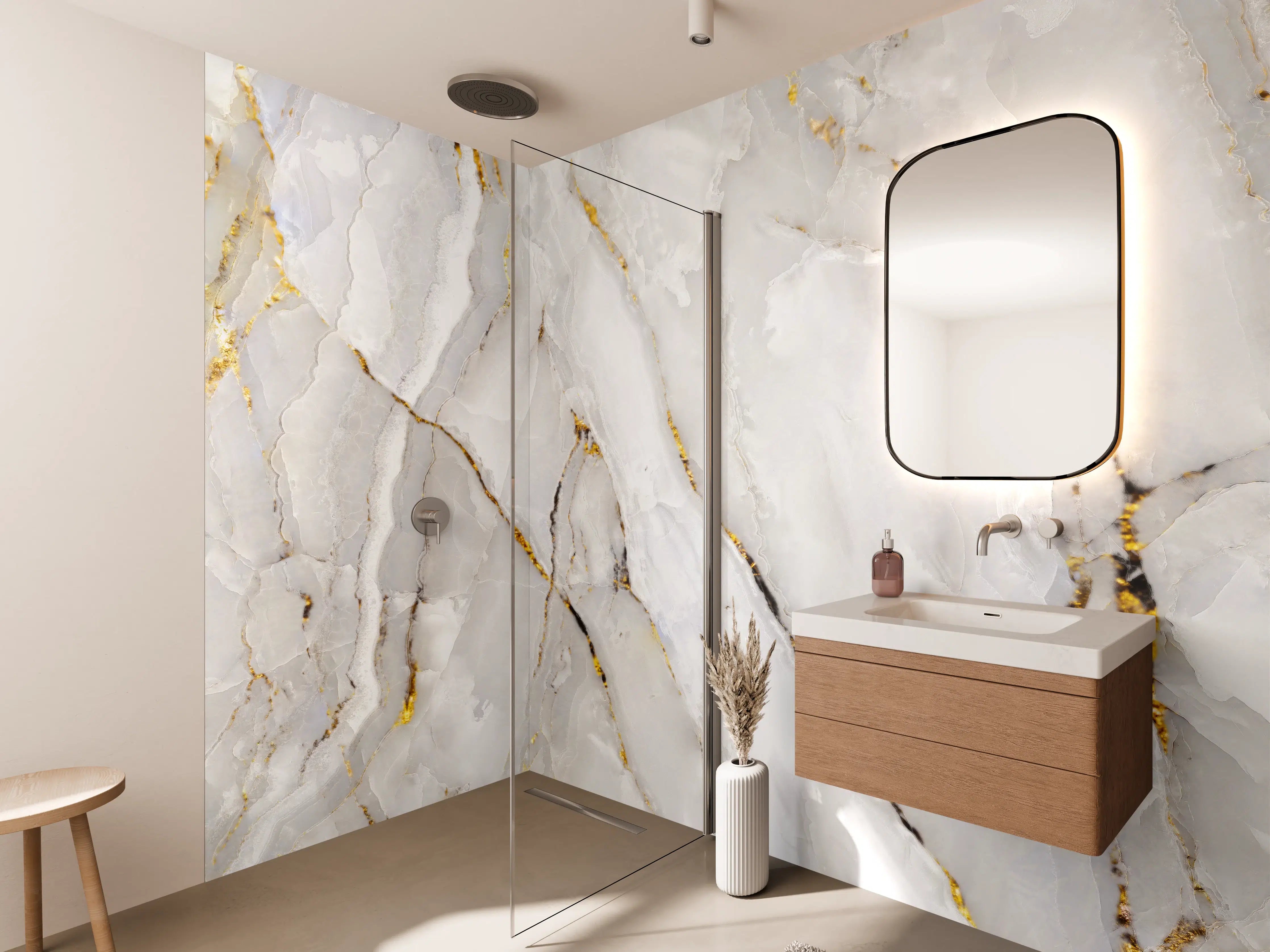 Wandverkleidung Bad - Weißer Statuario-Marmor mit goldene Adern