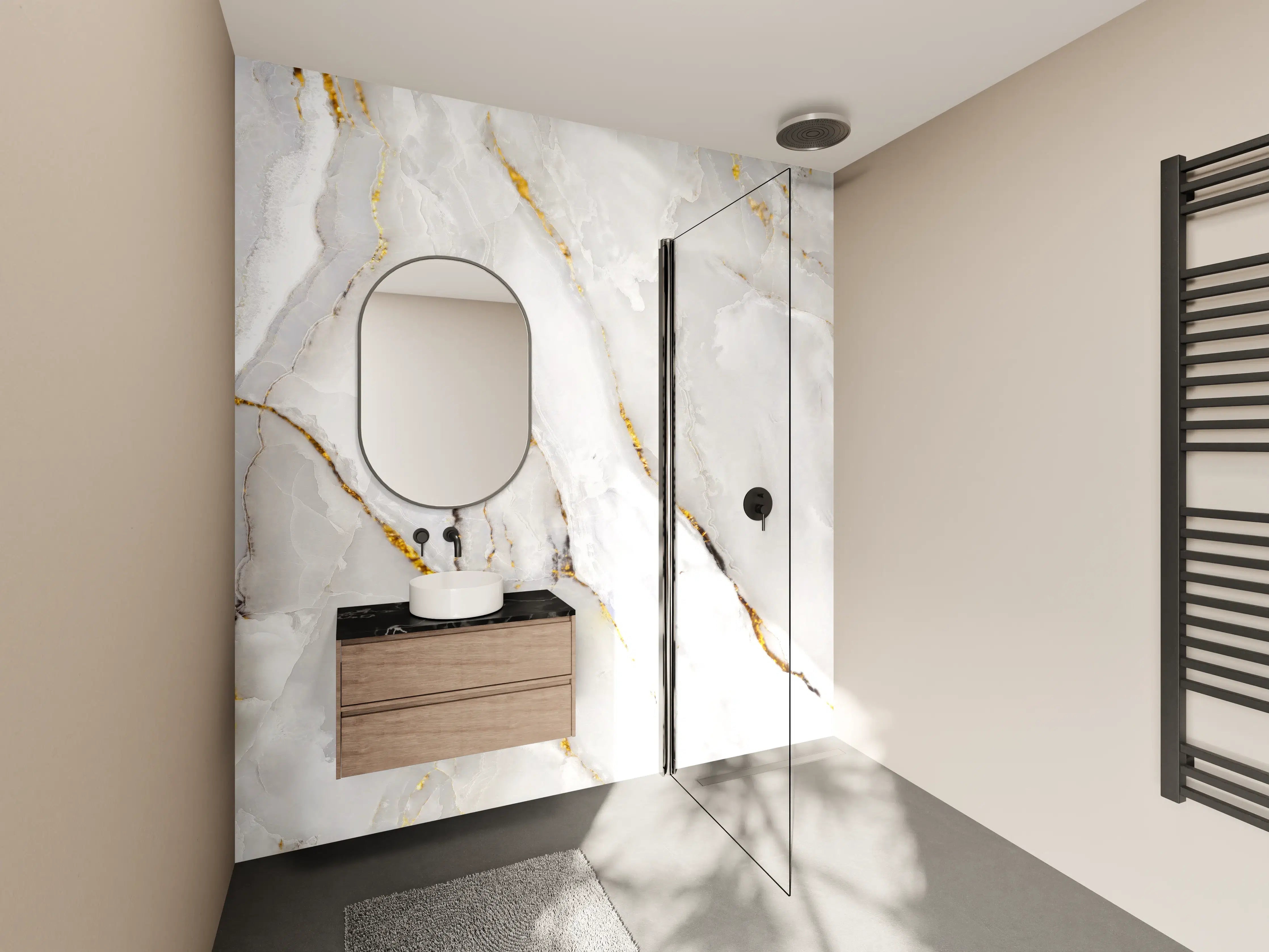 Wandverkleidung Bad - Weißer Statuario-Marmor mit goldene Adern