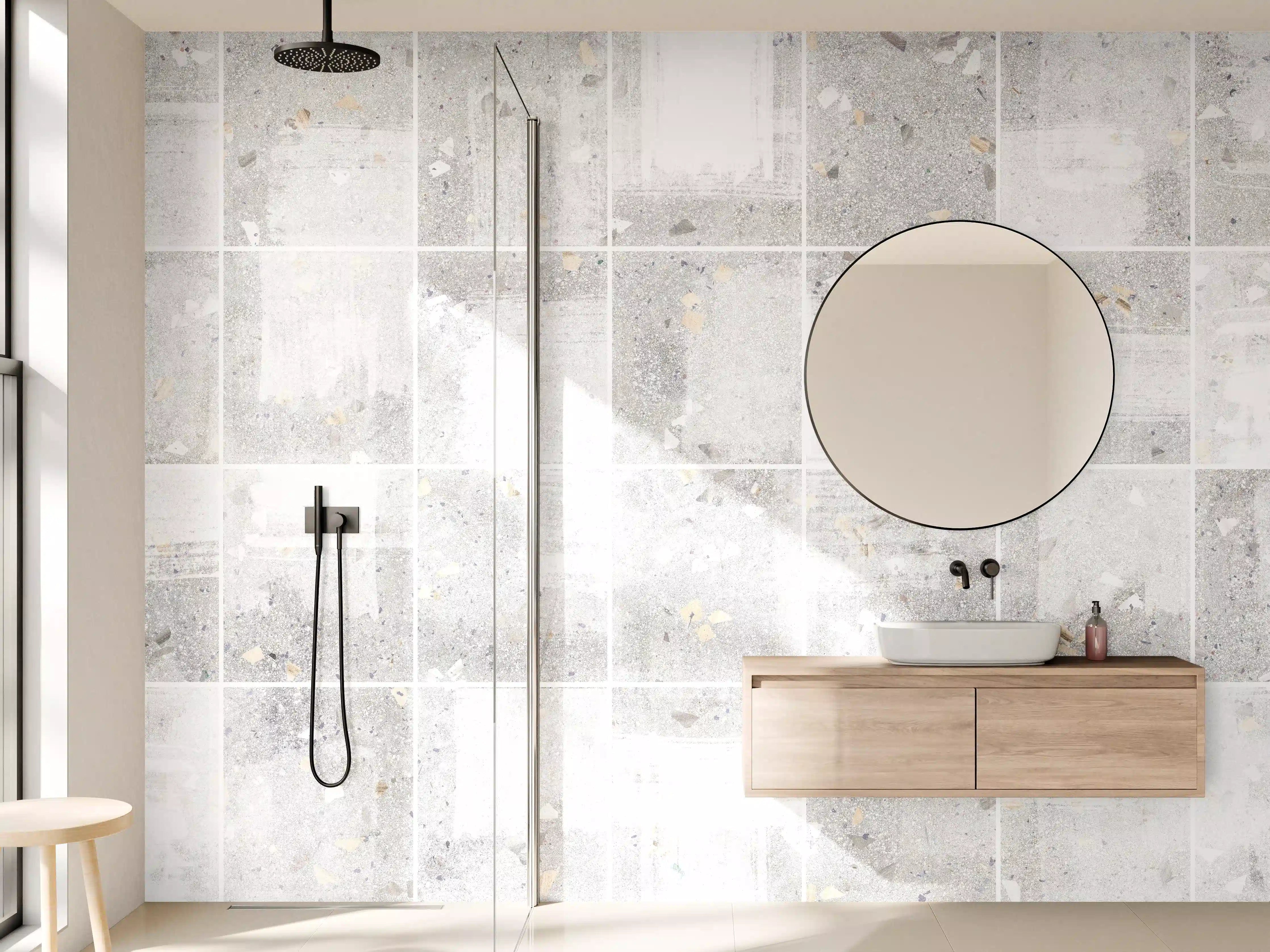 Wandverkleidung Bad - Weißes Fliesenmuster - Terrazzo Struktur