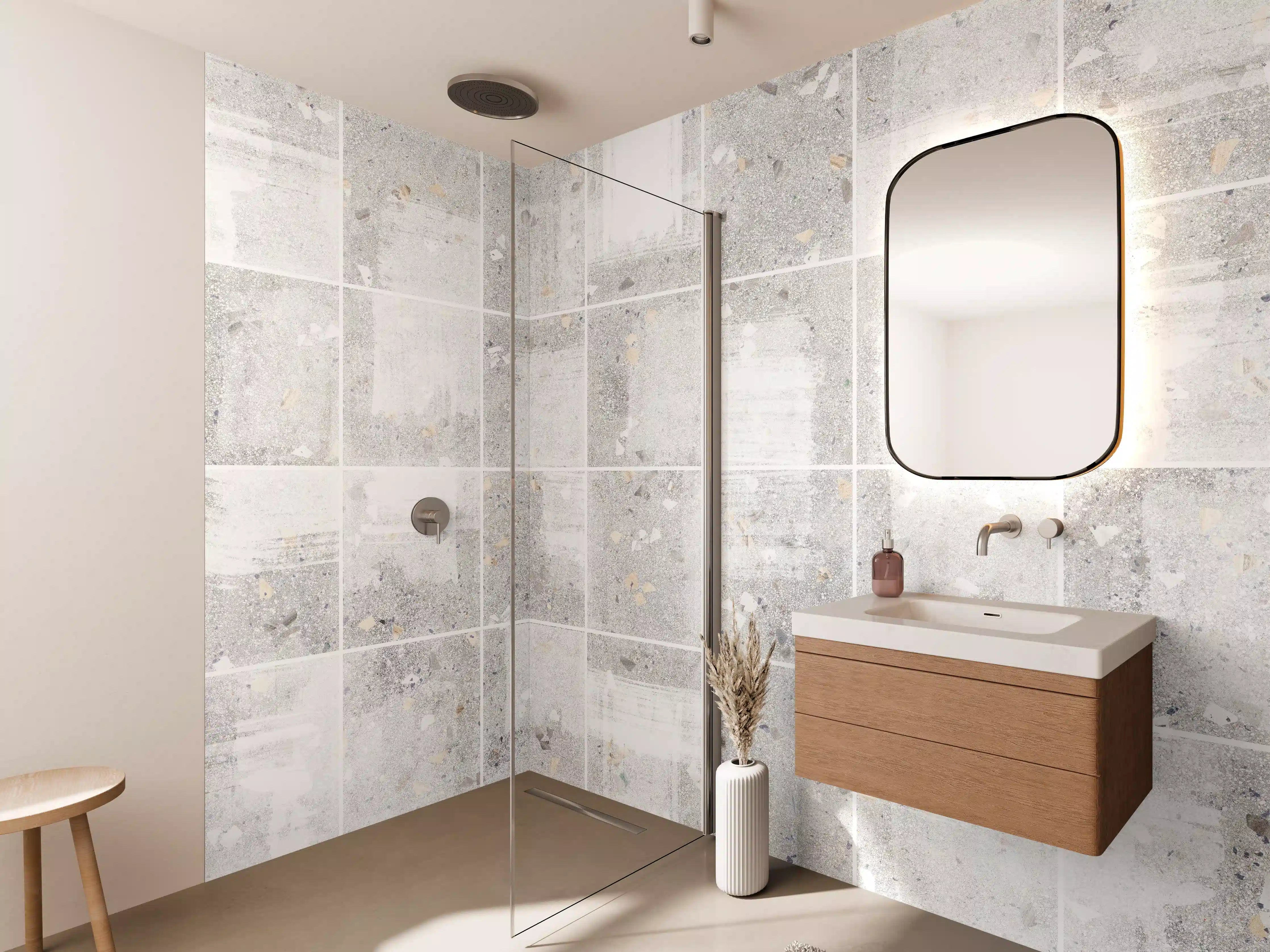 Wandverkleidung Bad - Weißes Fliesenmuster - Terrazzo Struktur