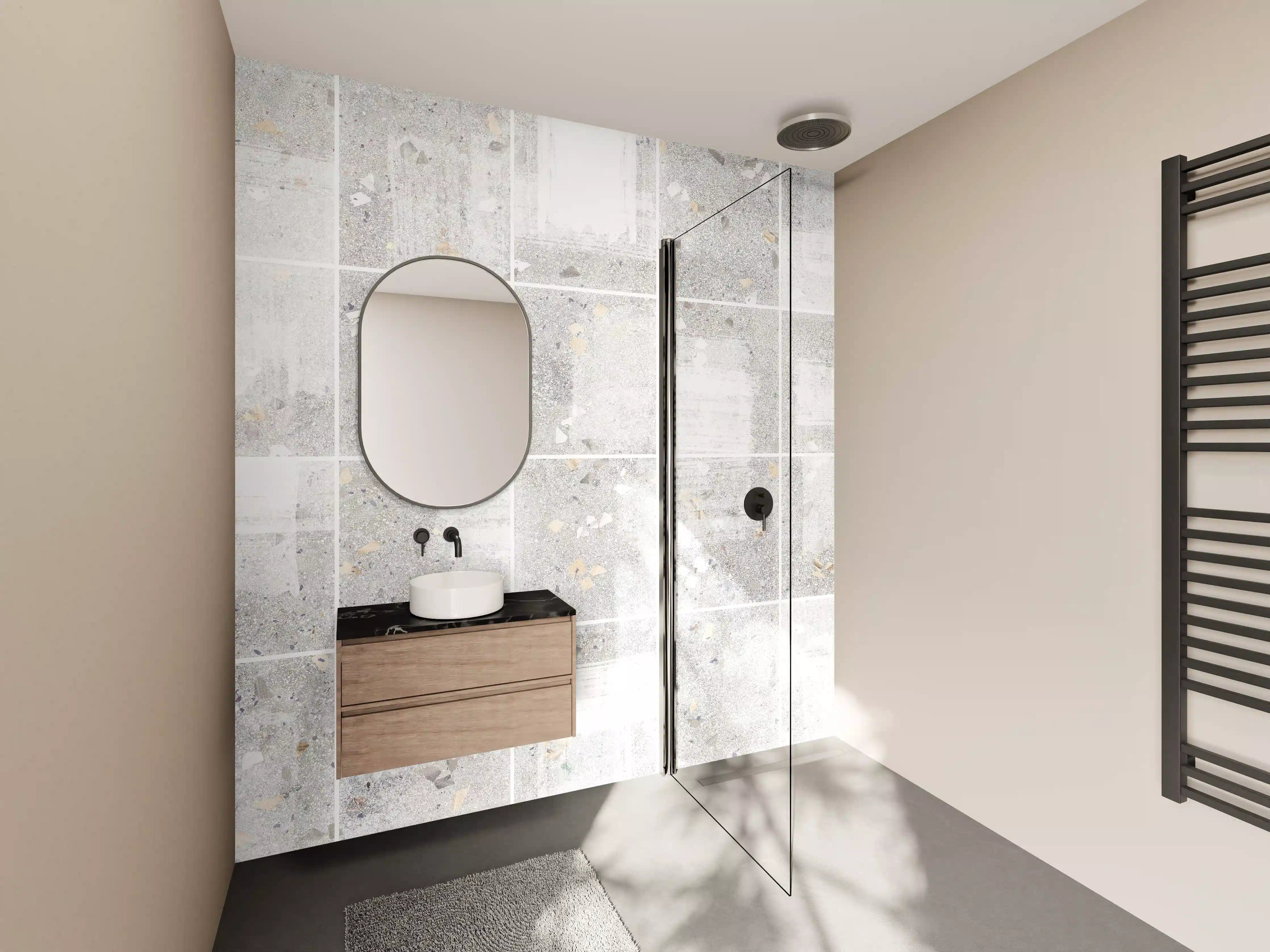 Wandverkleidung Bad - Weißes Fliesenmuster - Terrazzo Struktur