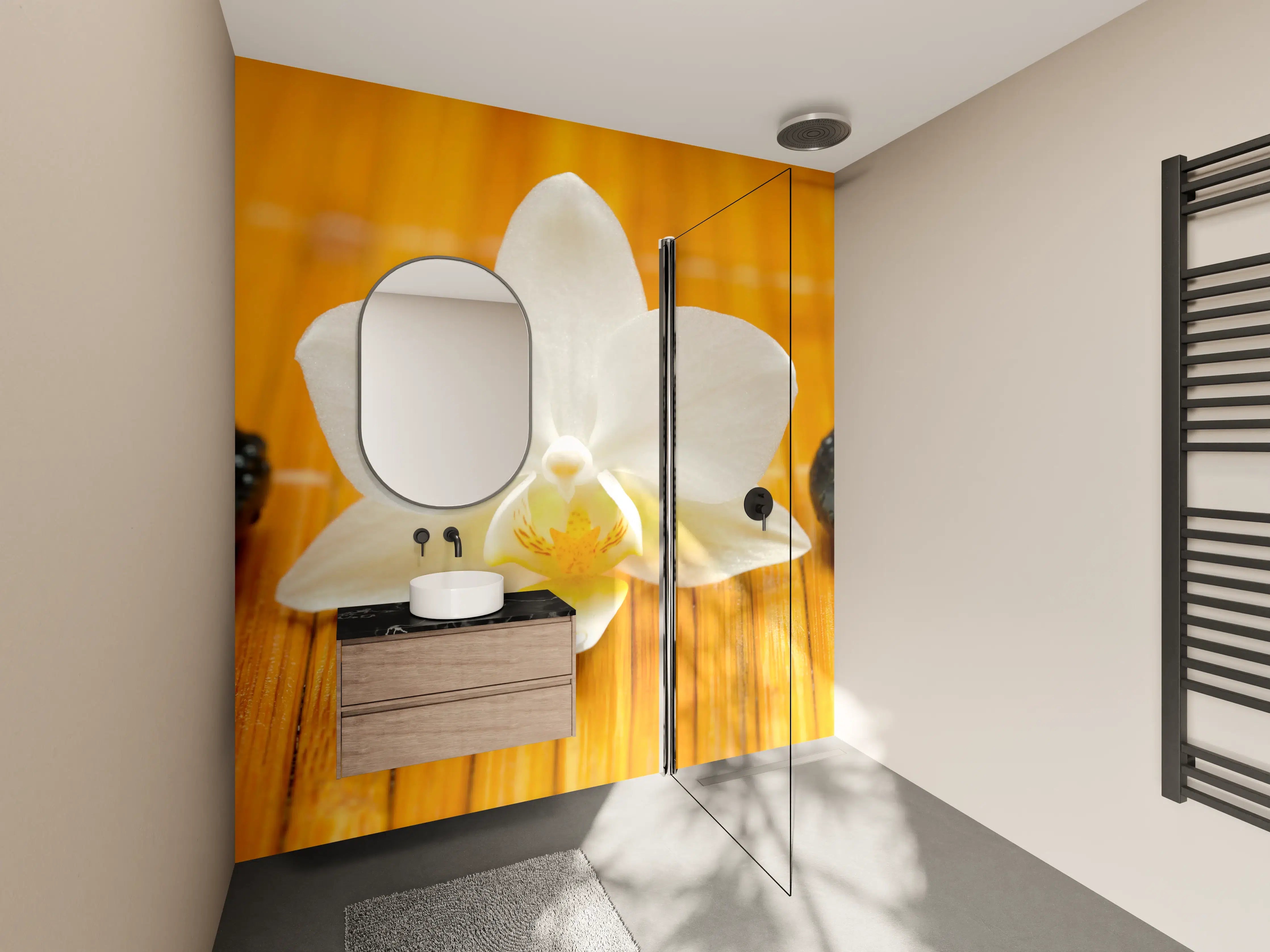 Wandverkleidung Bad - Wellness-Steine mit Blüten auf Bambusmatte